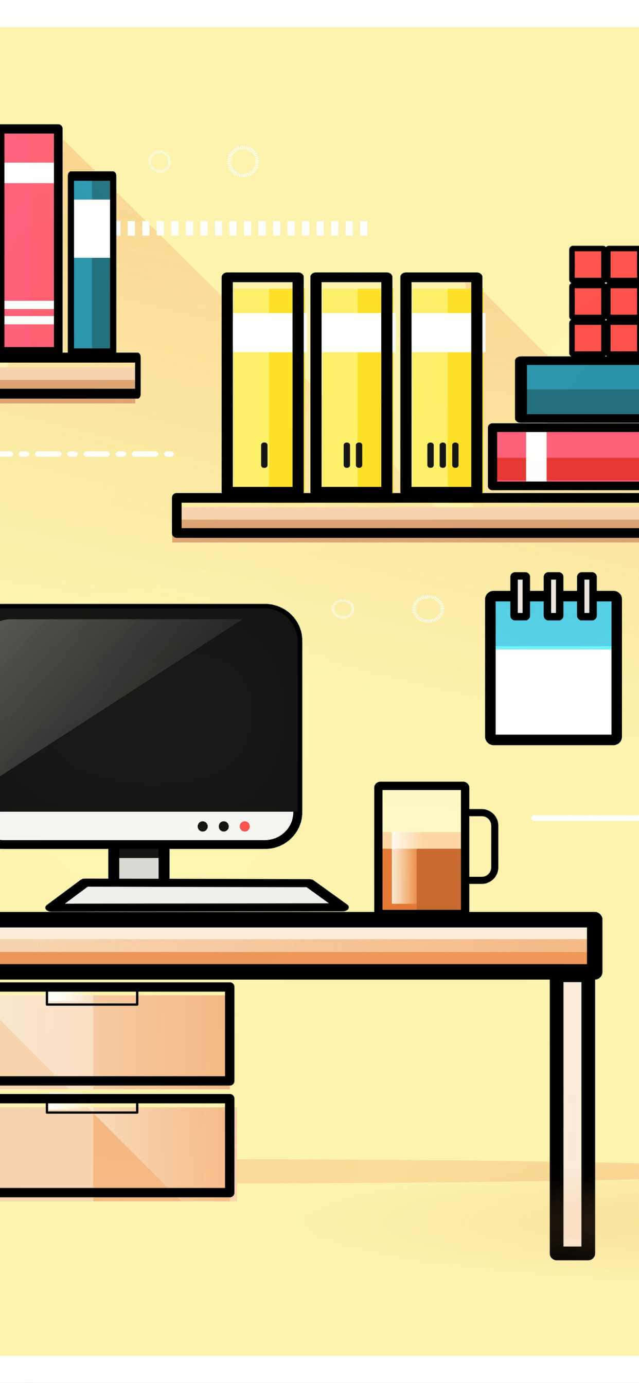et skrivebord med en computer, bøger og en kop kaffe Wallpapers