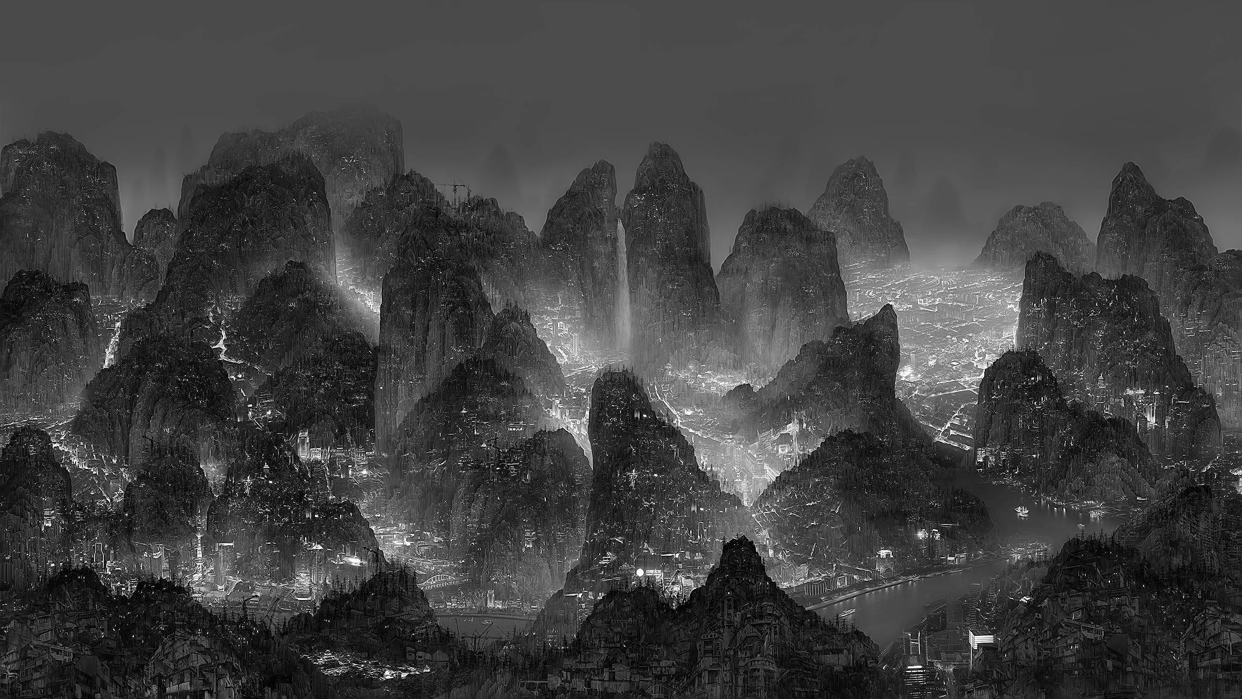 Et smukt gråtonebjerglandskab Wallpapers