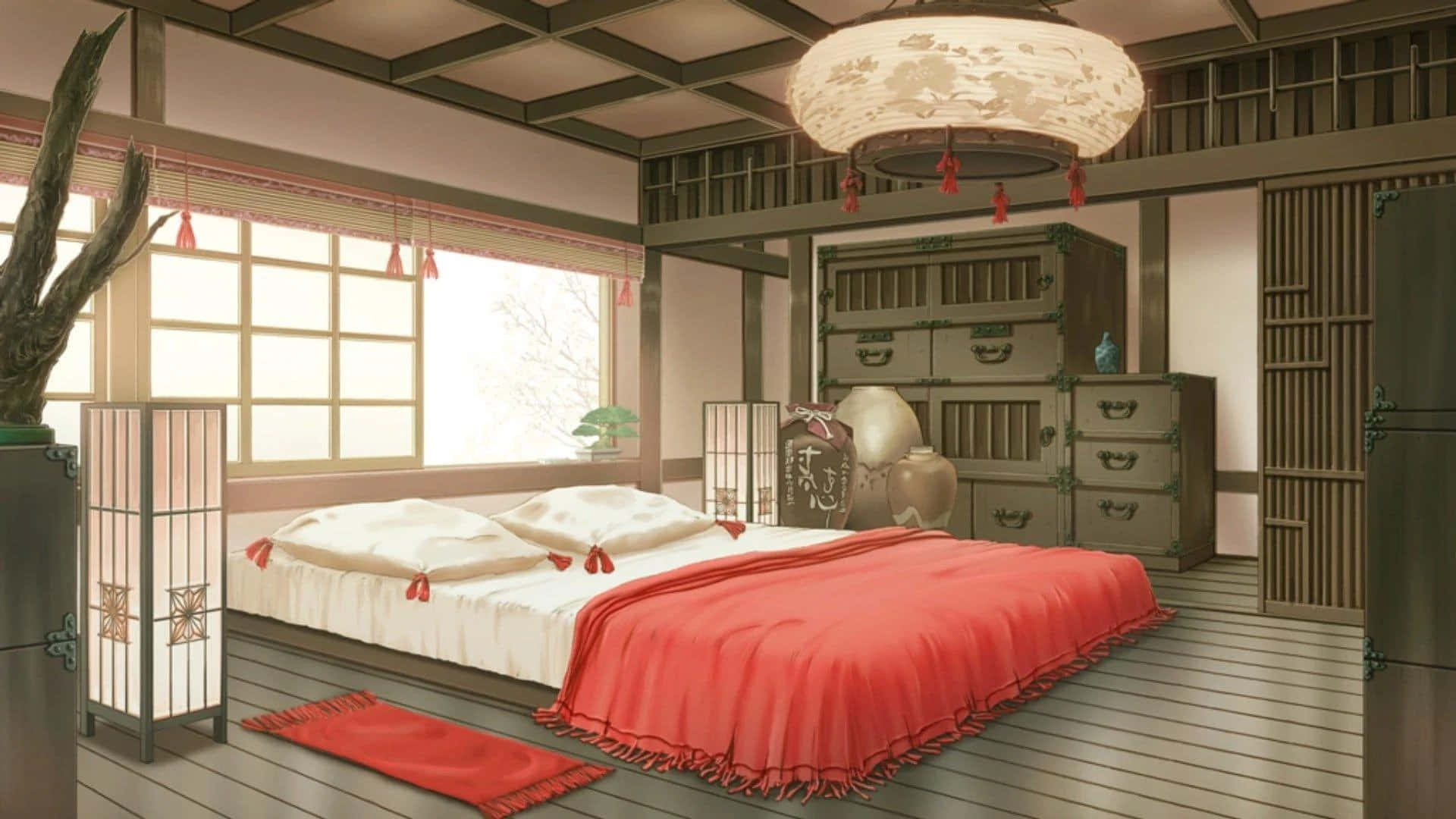 et soveværelse med en rød seng og en lampe Wallpapers