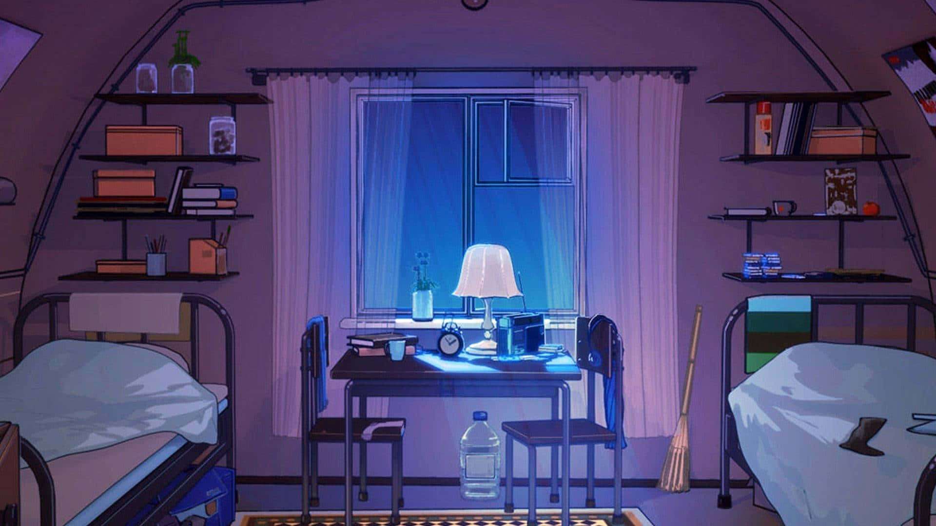 et værelse med to senge og et skrivebord Wallpapers