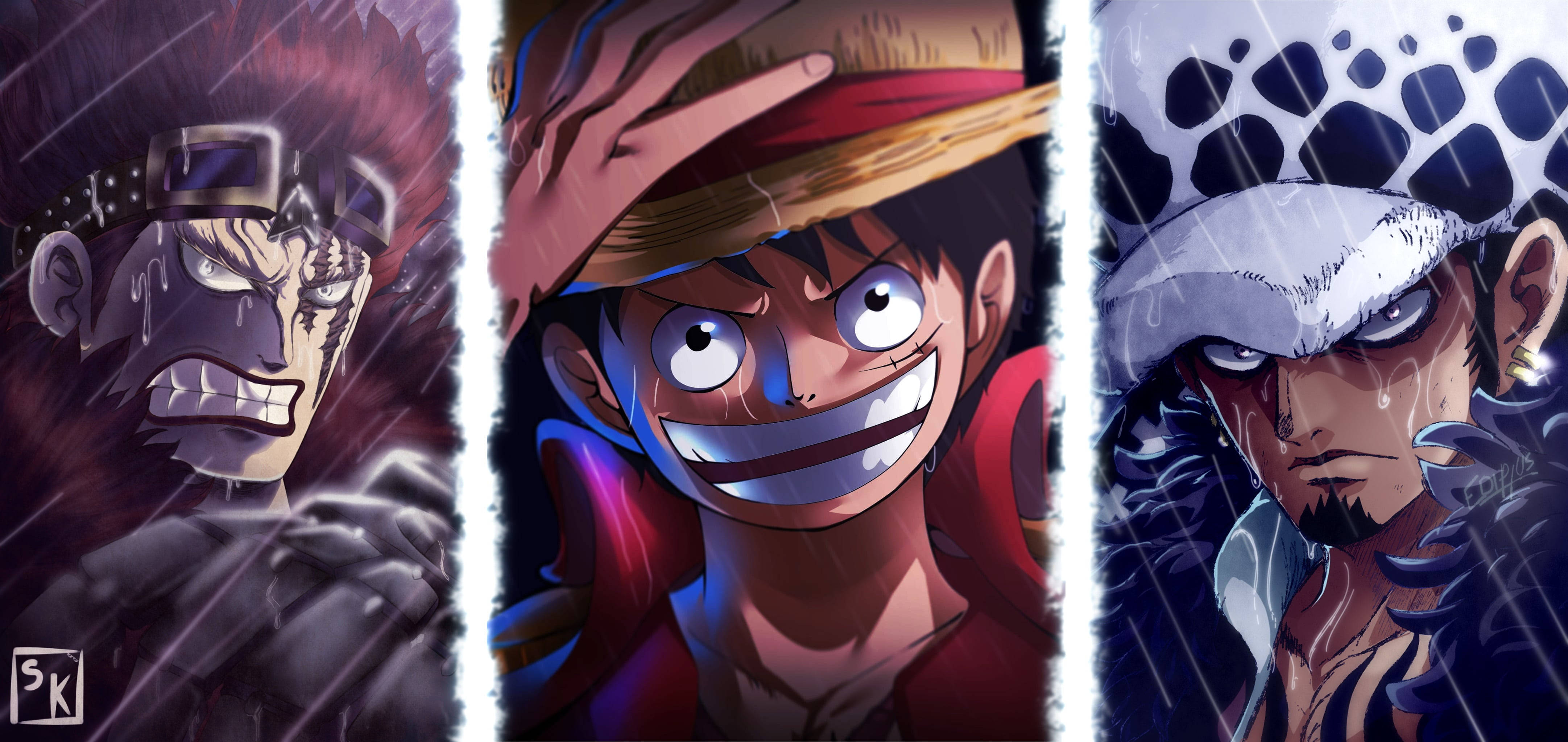 Eustass Kid, Law og Luffy smiler Wallpapers
