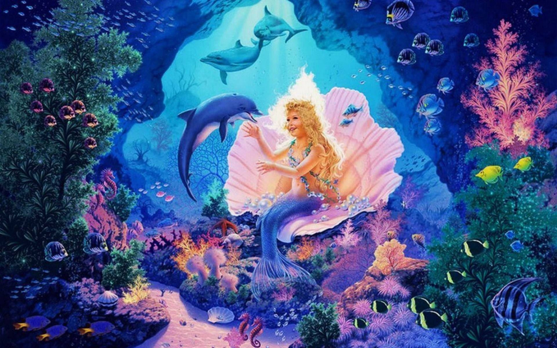 Farverig undervandsbaggrund med havfrueprinsesse på en kæmpe muslingeskal. — Havfrue Wallpapers