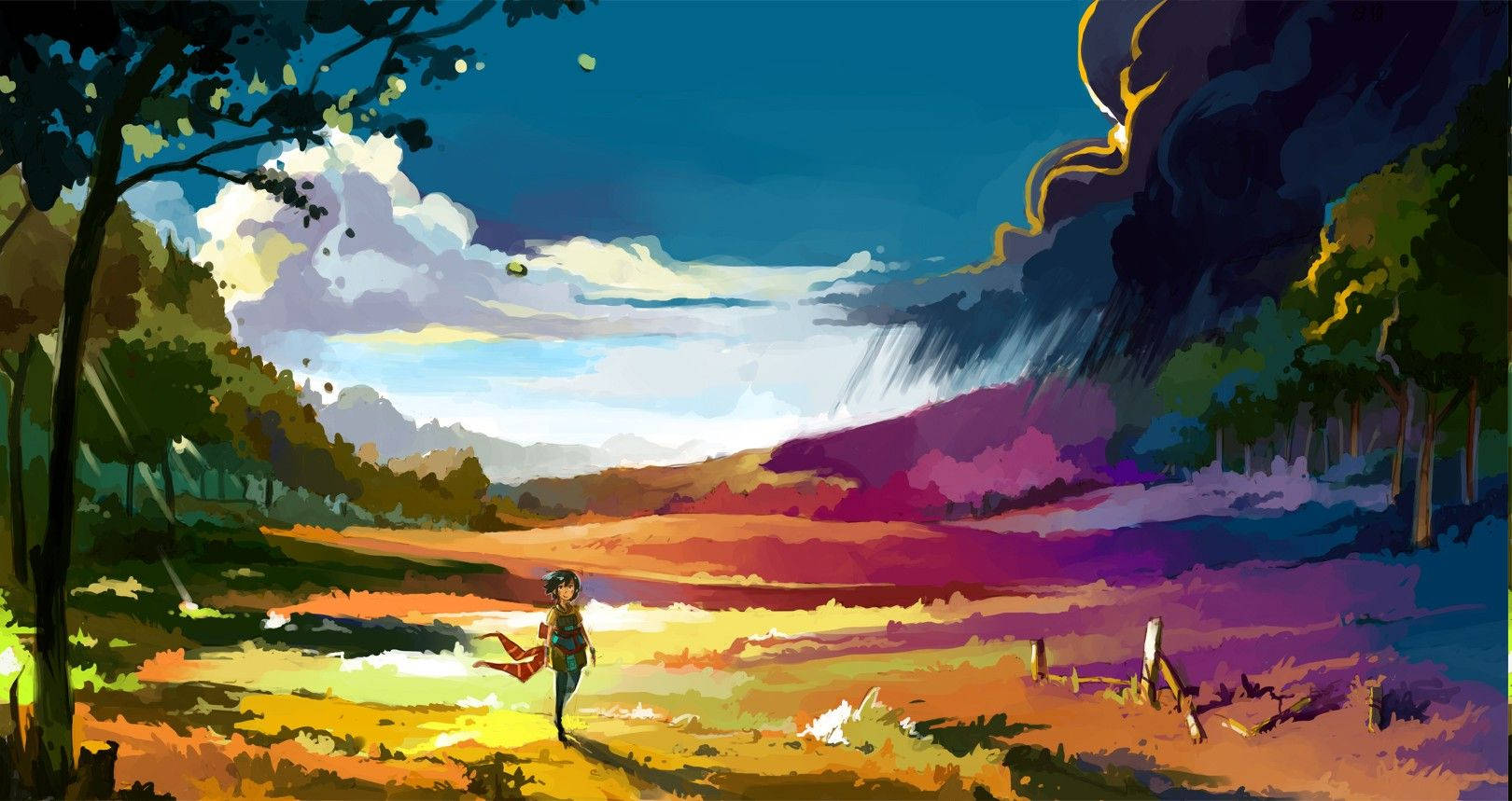 Farverigt græsland anime landskab Wallpapers
