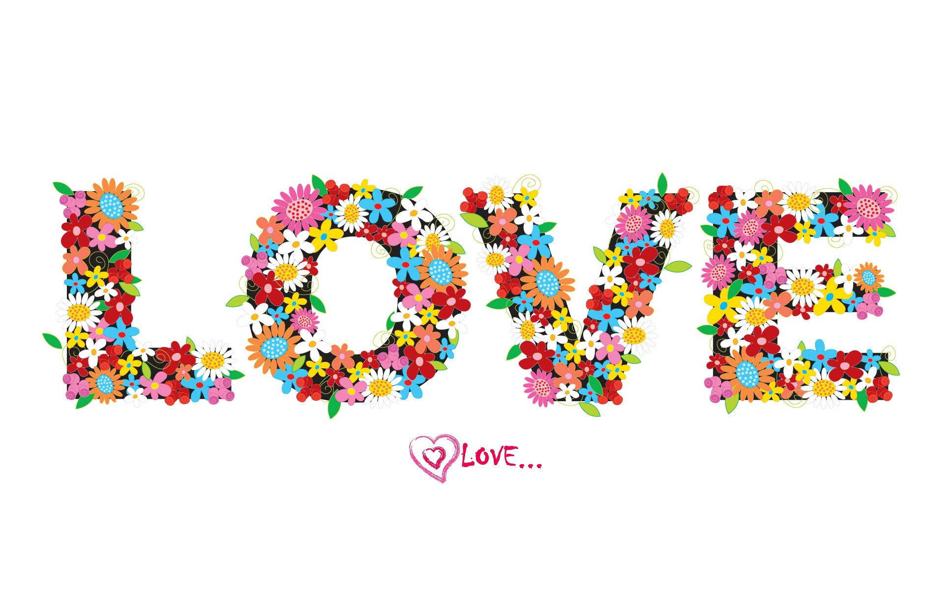 Ordet "love" indskrevet med forskellige farverige blomster i blomst på hvid baggrund. — Kærlighed Wallpapers