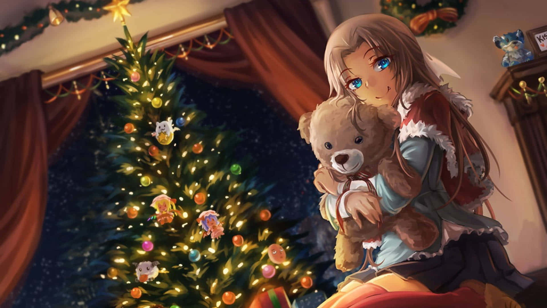 Festlig anime-julebaggrund med snekronet træ og nuttede karakterer, der fejrer højtiden. Wallpapers