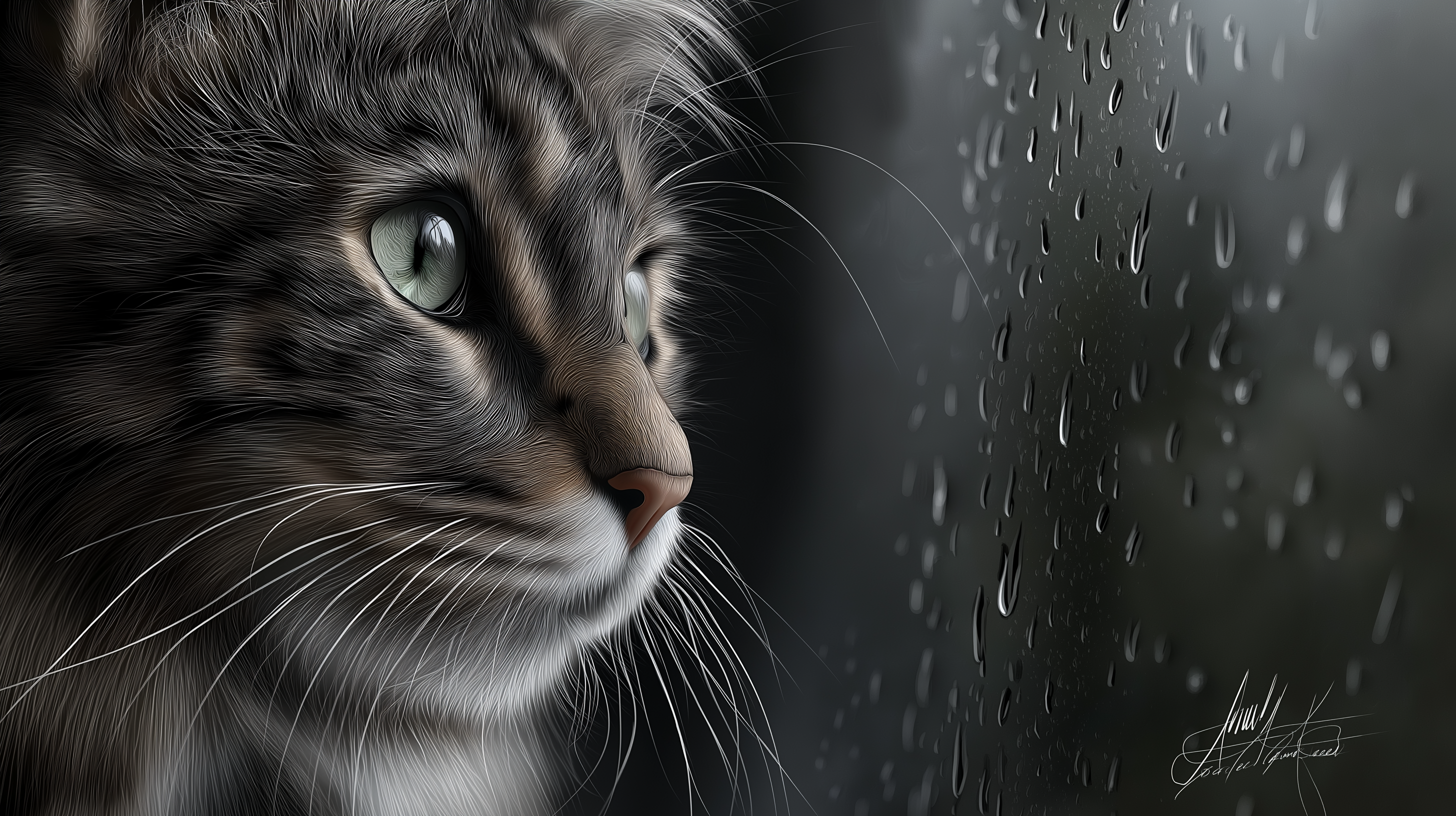 Fluffy kat kigger ud ad regnfuldt vindue Wallpapers