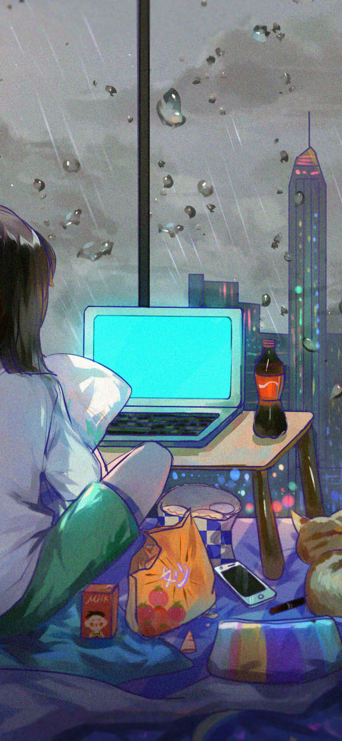 Fængslende anime-værelse med panoramaudsigt over byen Wallpapers