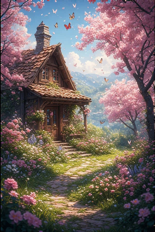Forårshytte med blomsterhave munter natur 4K Wallpapers