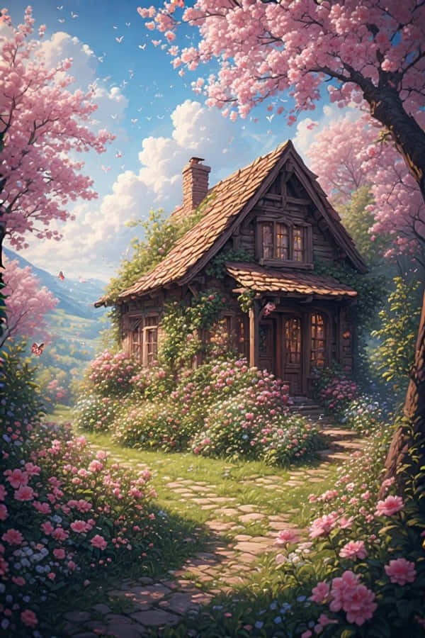 Forårshytte med blomsterhave munter natur 4K Wallpapers
