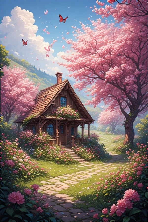 Forårshytte med blomsterhave munter natur 4K Wallpapers