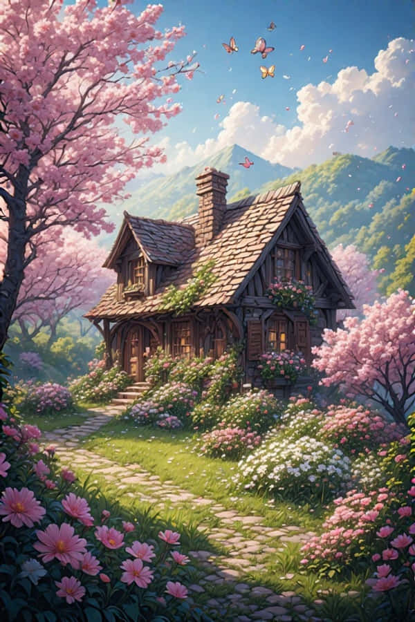 Forårshytte med blomsterhave munter natur 4K Wallpapers