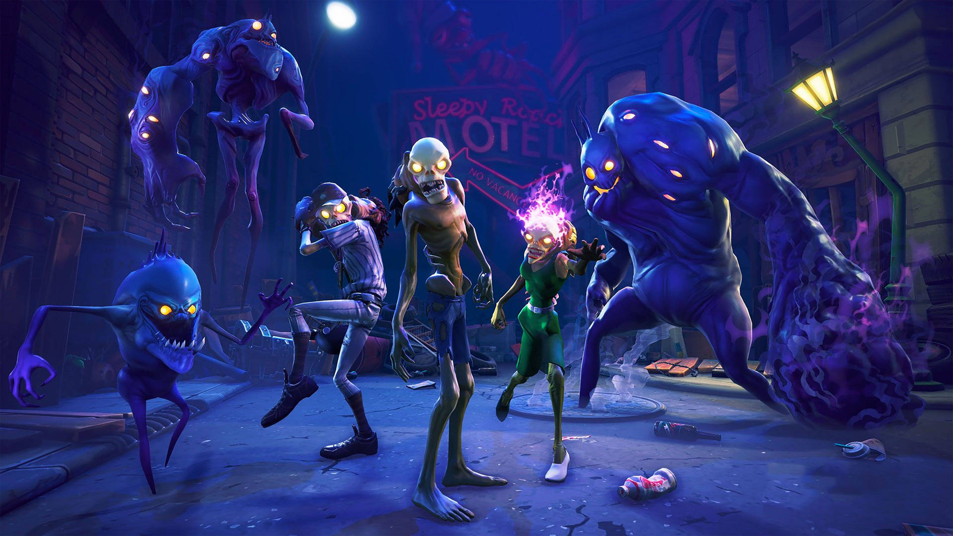 Zombie med forskellige kostumer og Mini Bosser fra Save The World mode i Fortnite wallpaper. — Fortnite Wallpapers