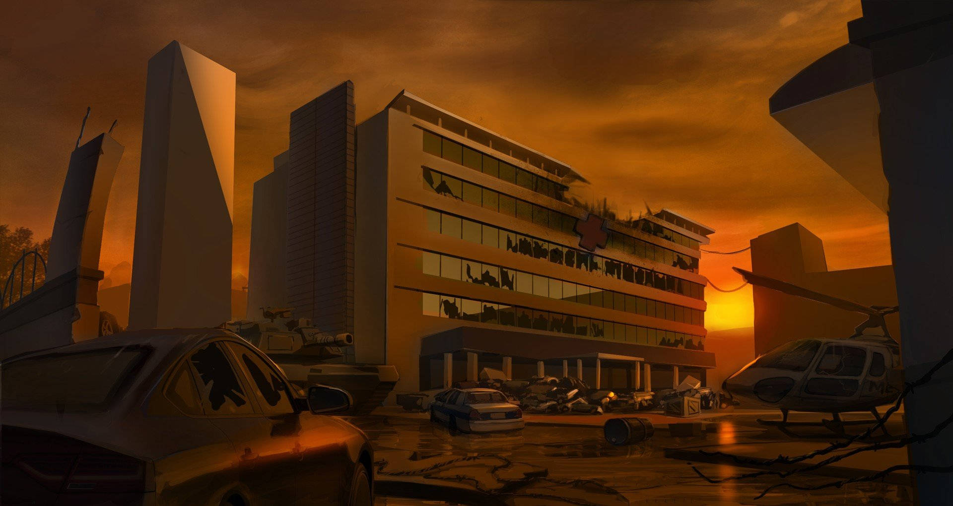 Forladt hospitalsbygning i dystopisk omgivelse Wallpapers