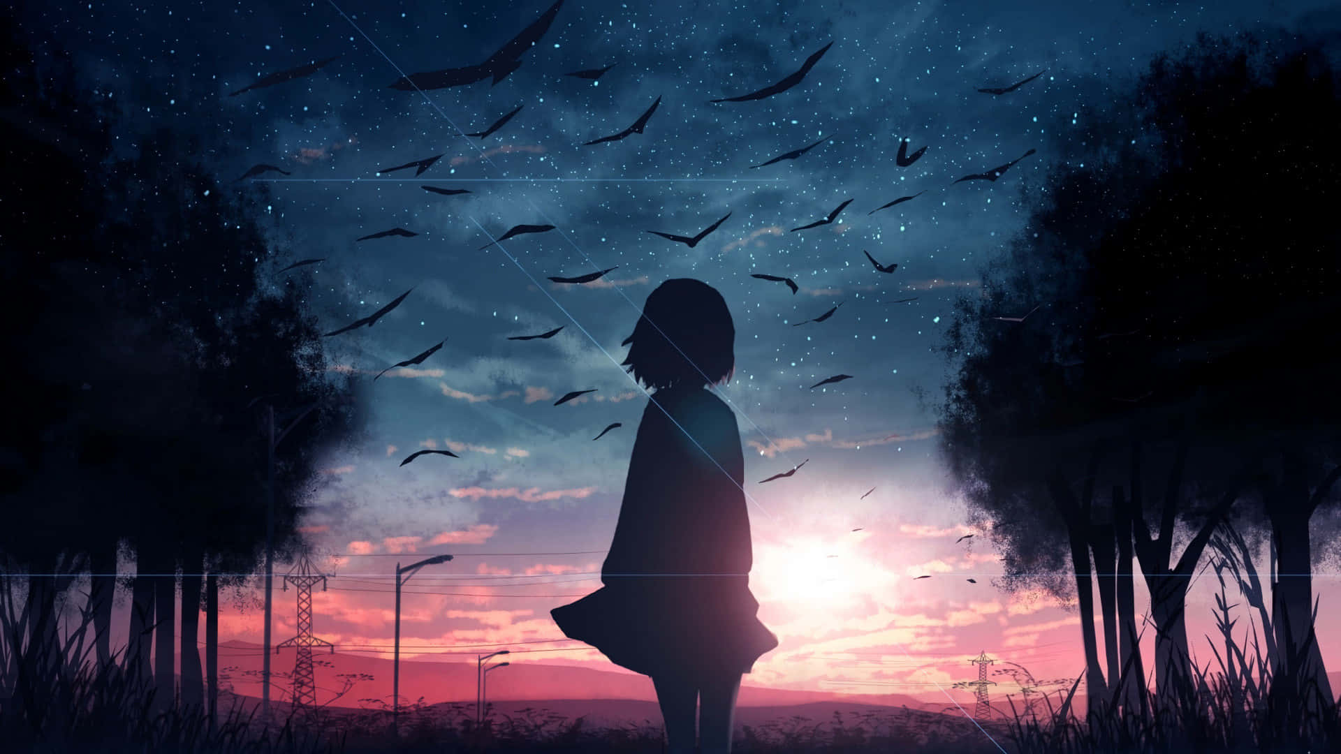 Fortryllende anime solnedgangslandskab Wallpapers