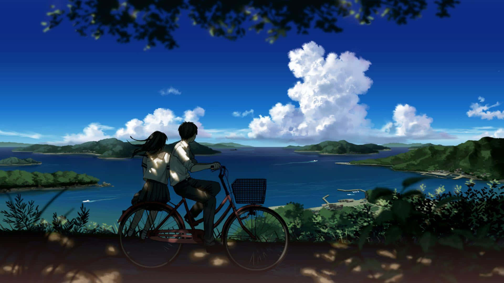 Fortryllende anime-landskab med kirsebærblomster Wallpapers
