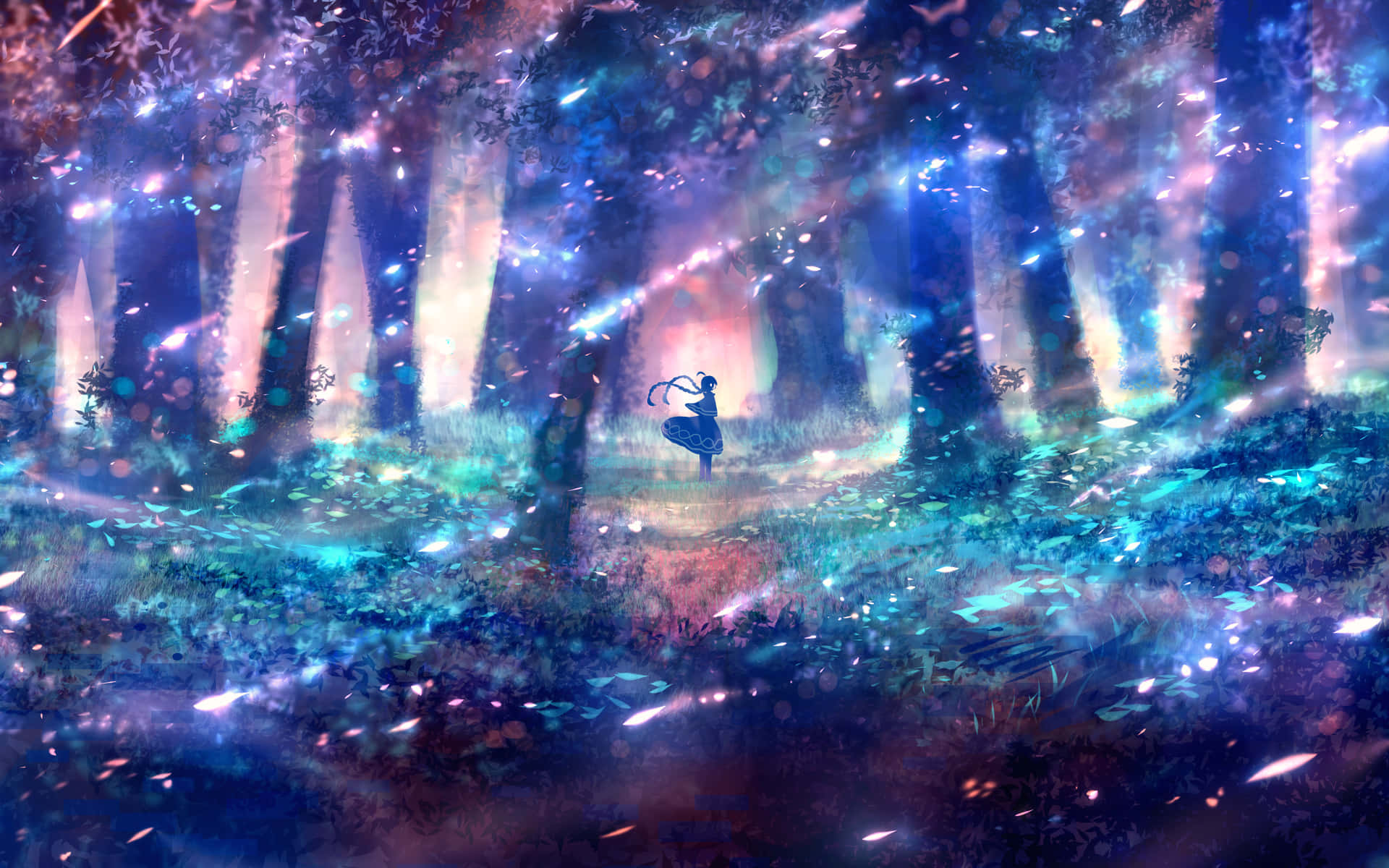 Fortryllende anime-landskab med krystalklar sø og kirsebærblomster Wallpapers