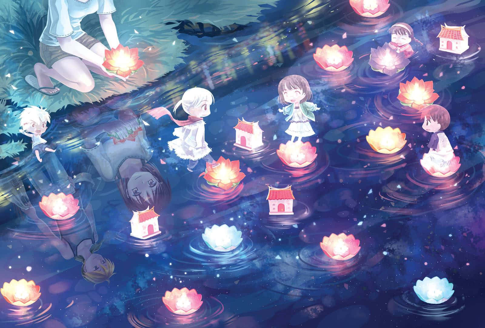 Fortryllende anime-landskab med magiske svævende øer Wallpapers