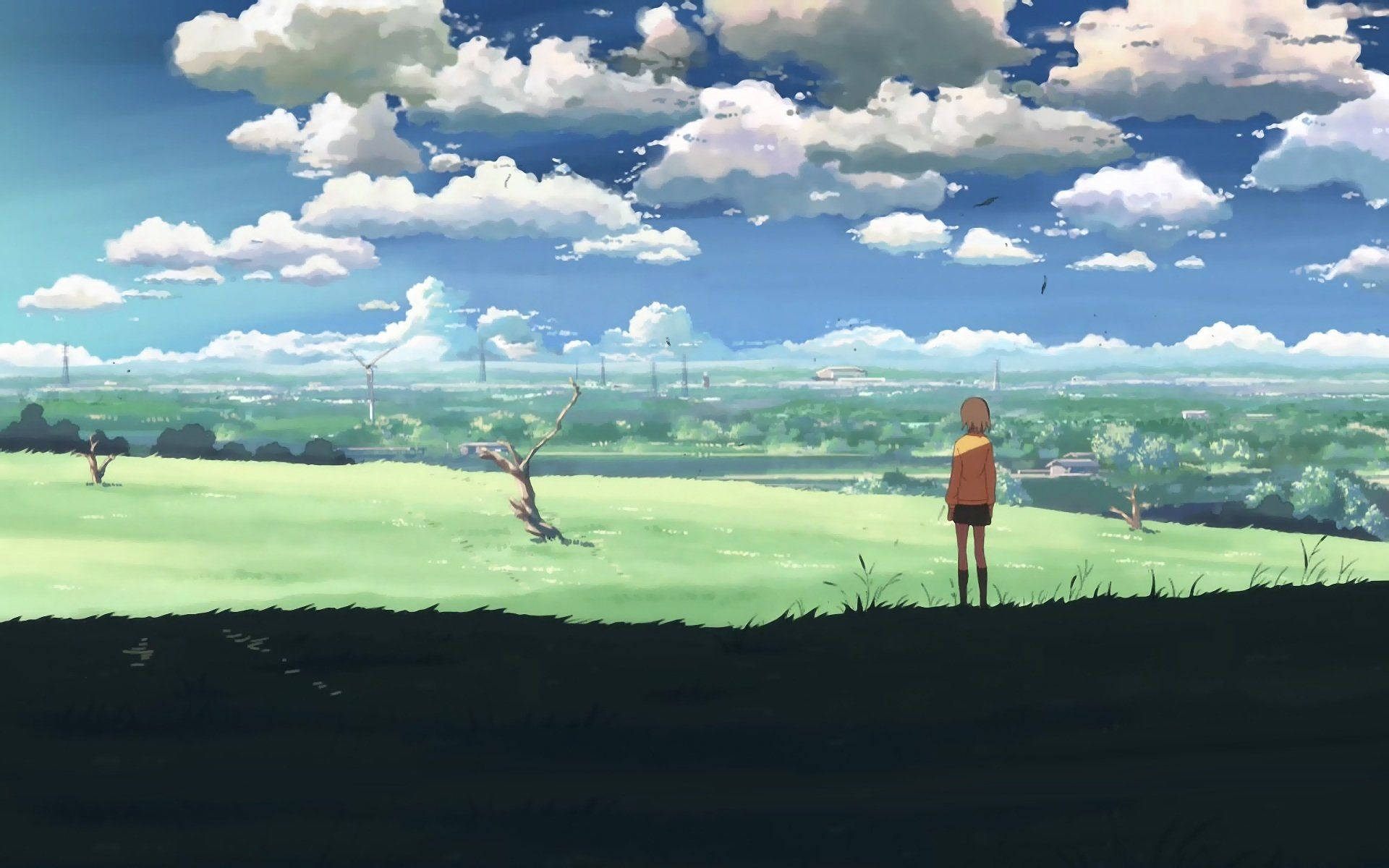 Fortryllende anime-landskab med stor åben mark Wallpapers