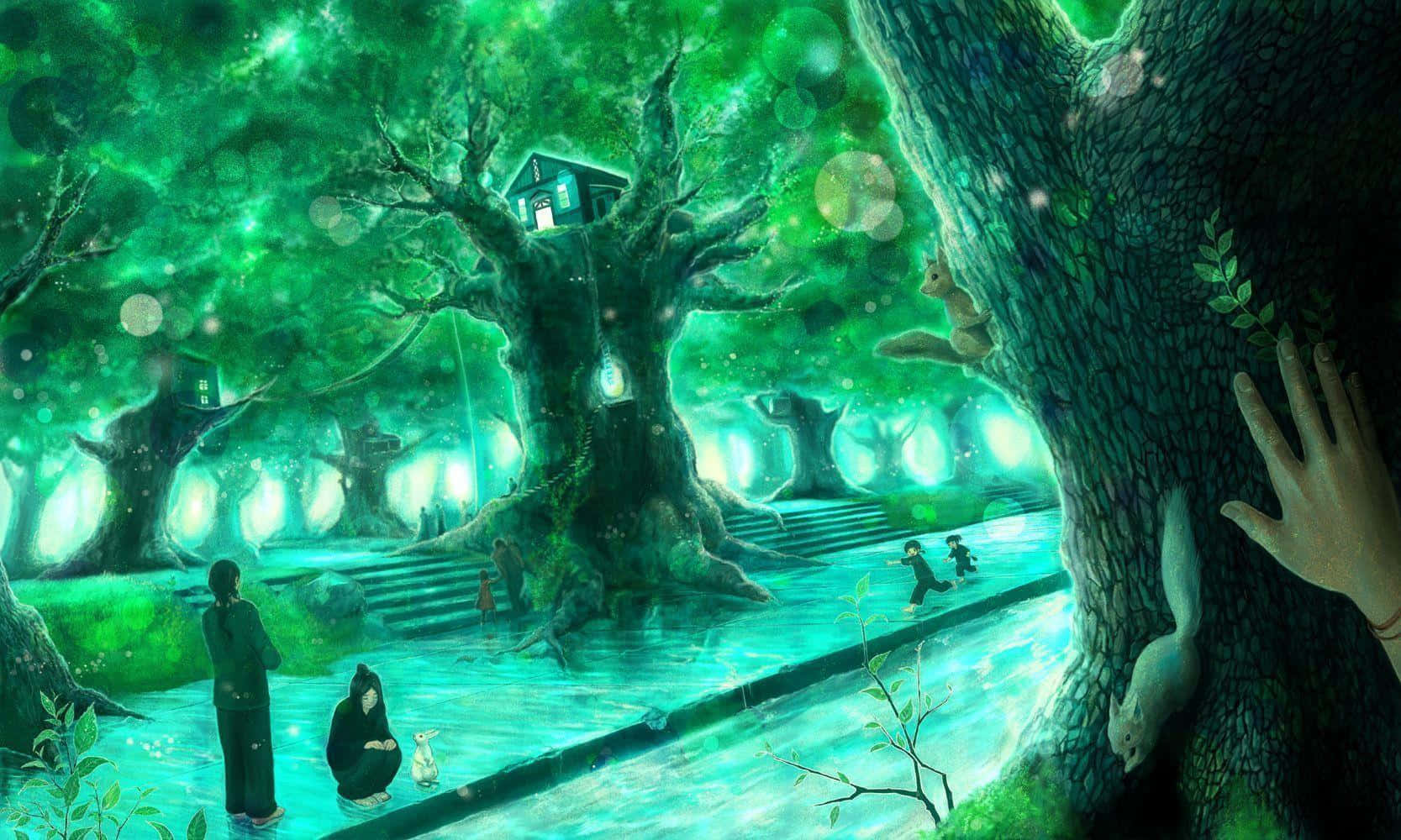 Fortryllende grønt anime-landskab Wallpapers