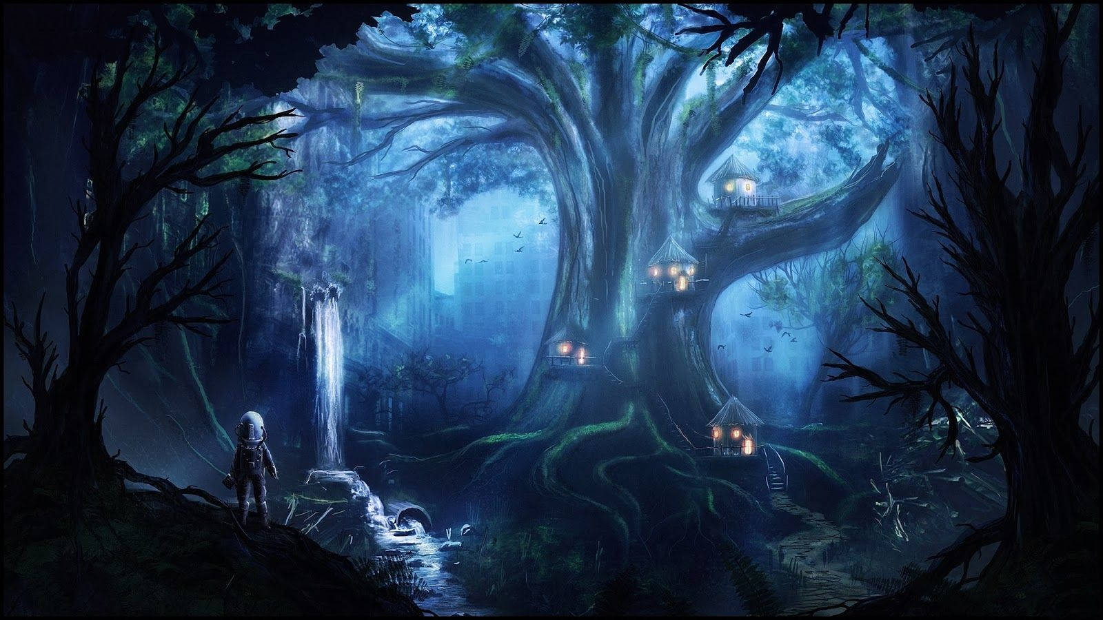 Fortryllende mystisk skov med et vandfald Wallpapers