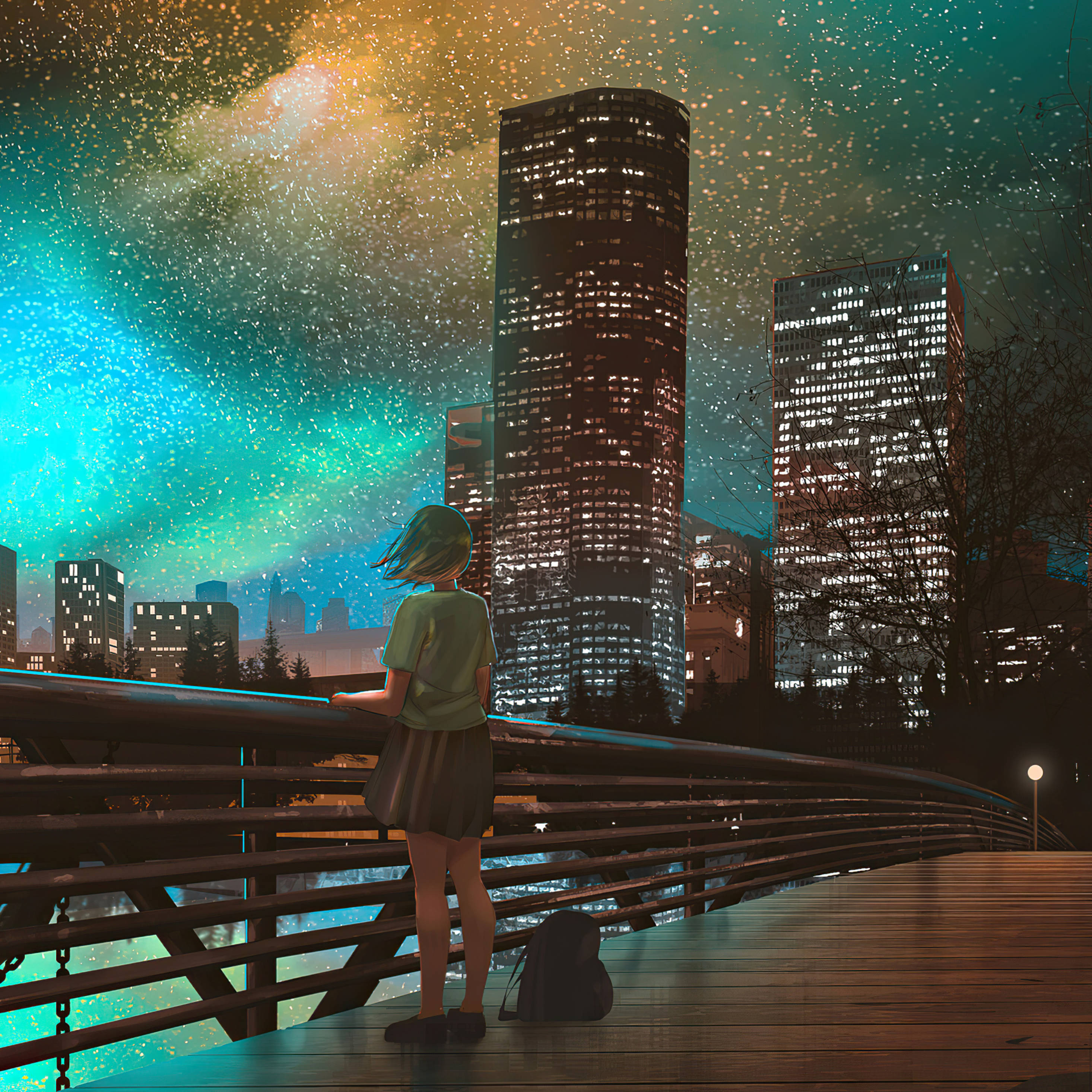 Fortryllende stjerneklar anime-nat over en travl by Wallpapers