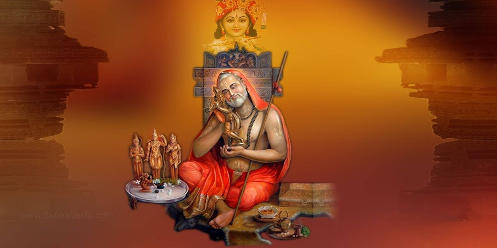 Fredfyldt guddommelig scene - Lord Raghavendra omgivet af hellige indiske statuer. Wallpapers
