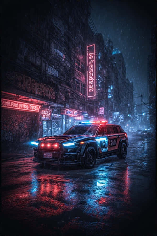Fremtidspatruljebil i neonby 4K Wallpapers