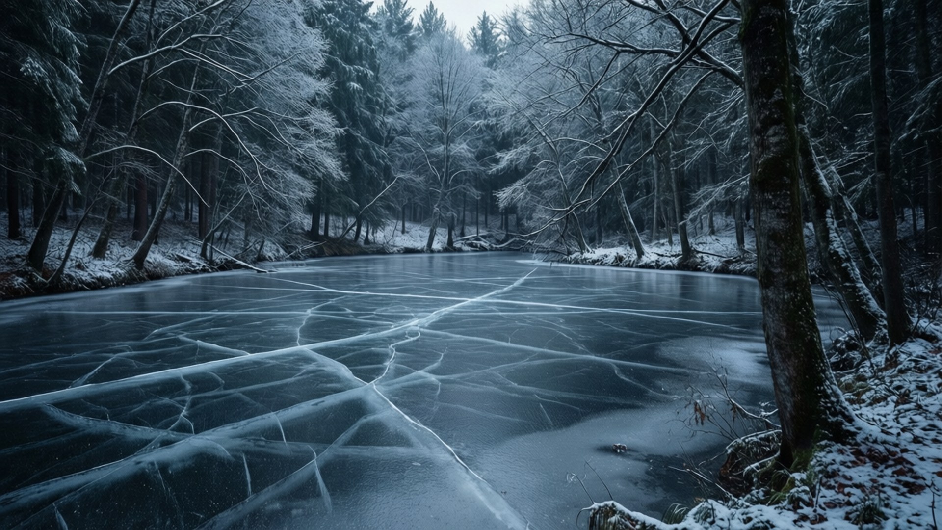 Frossen sø i mørk skov Wallpapers