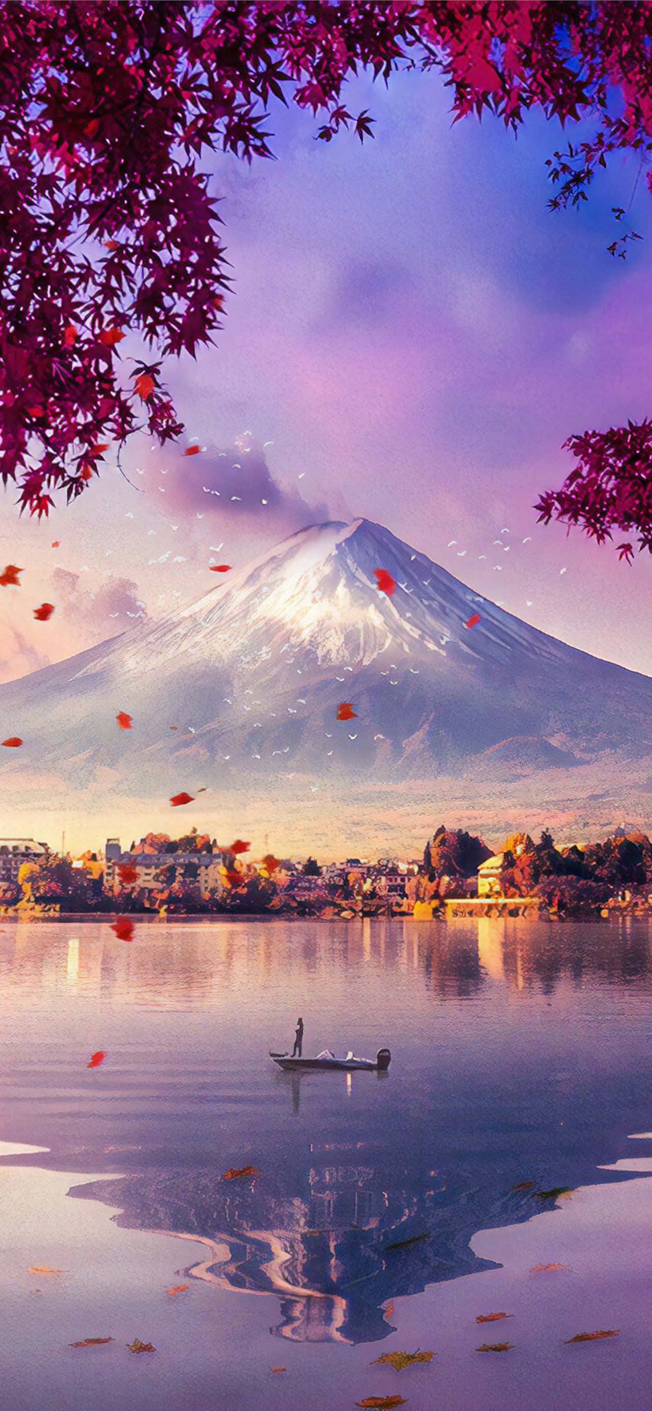 Fuji-bjergtop med sø og faldende blade Wallpapers