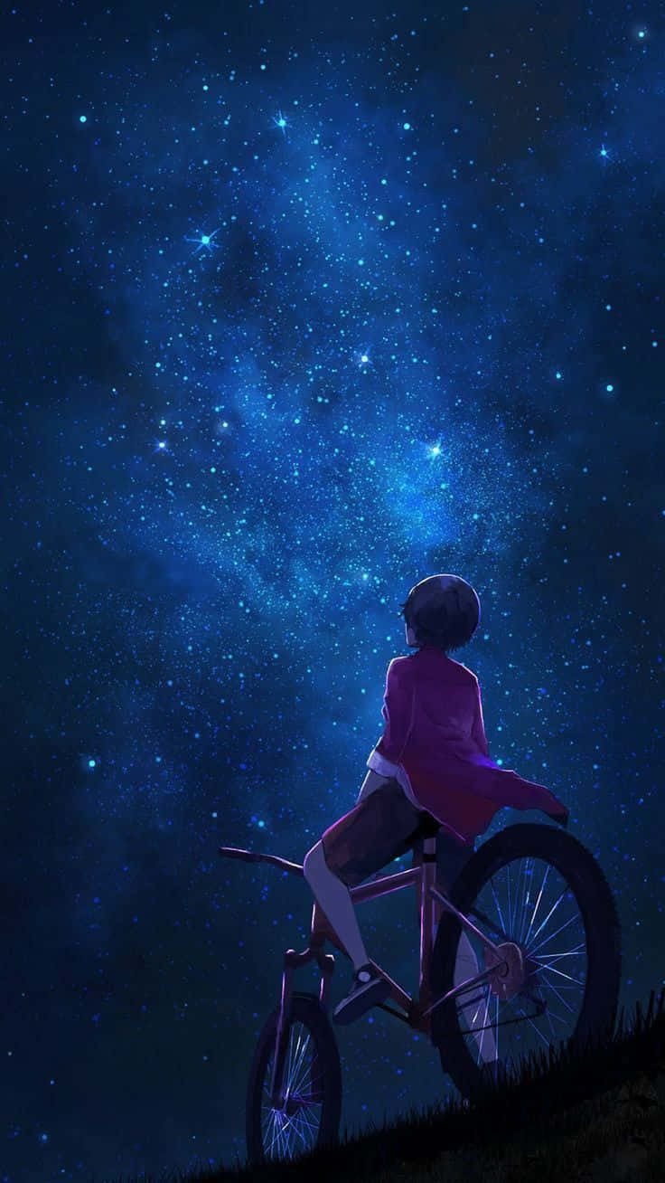 Fyr på rød cykel kigger op mod nattehimlen i anime-stil Wallpapers