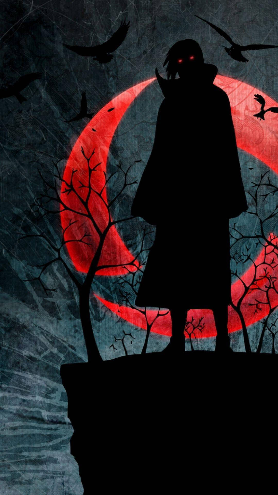 Gådefulde Itachi Uchiha under den uhyggelige røde måne. Wallpapers