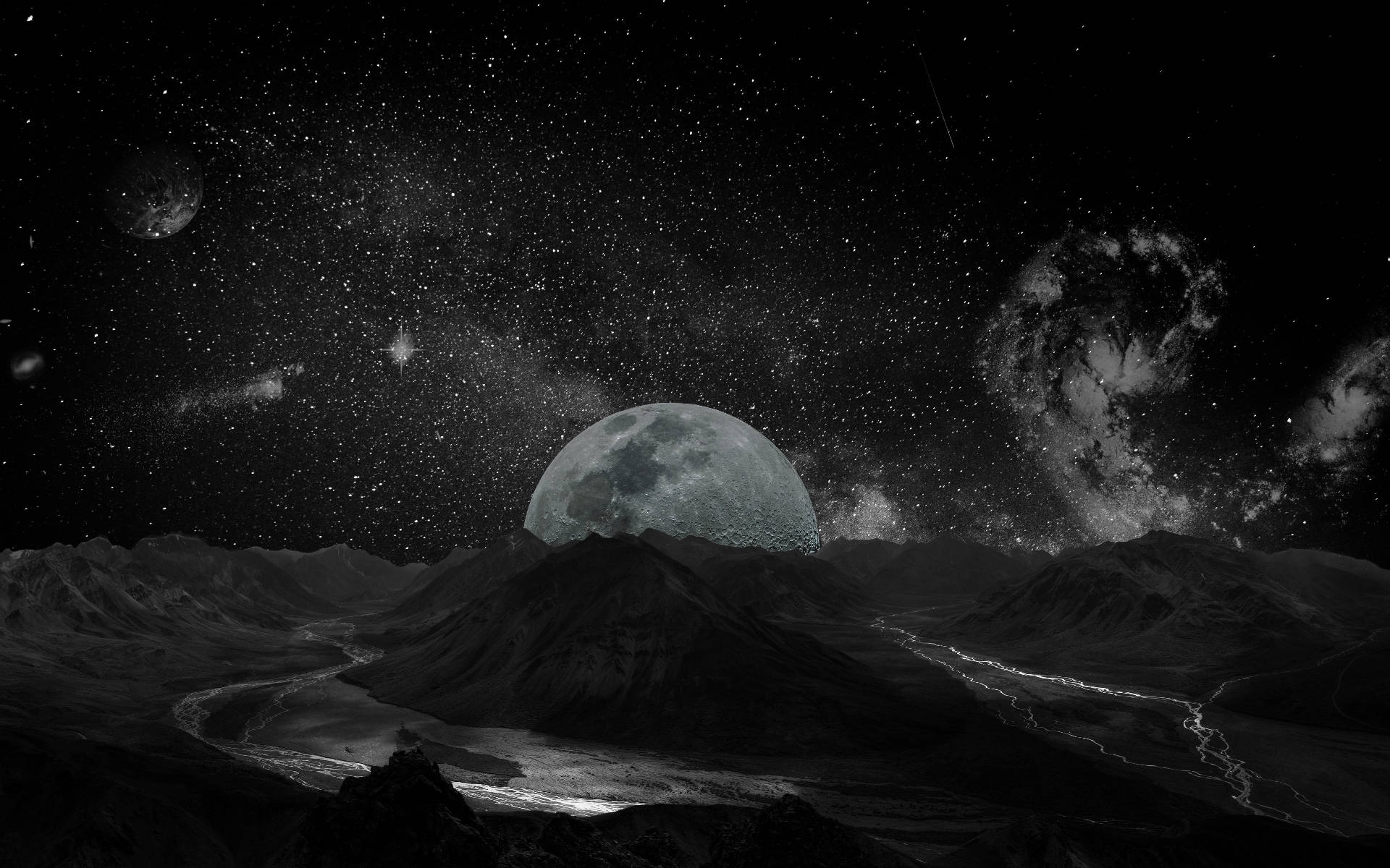Galakse-måne og bjerge Wallpapers