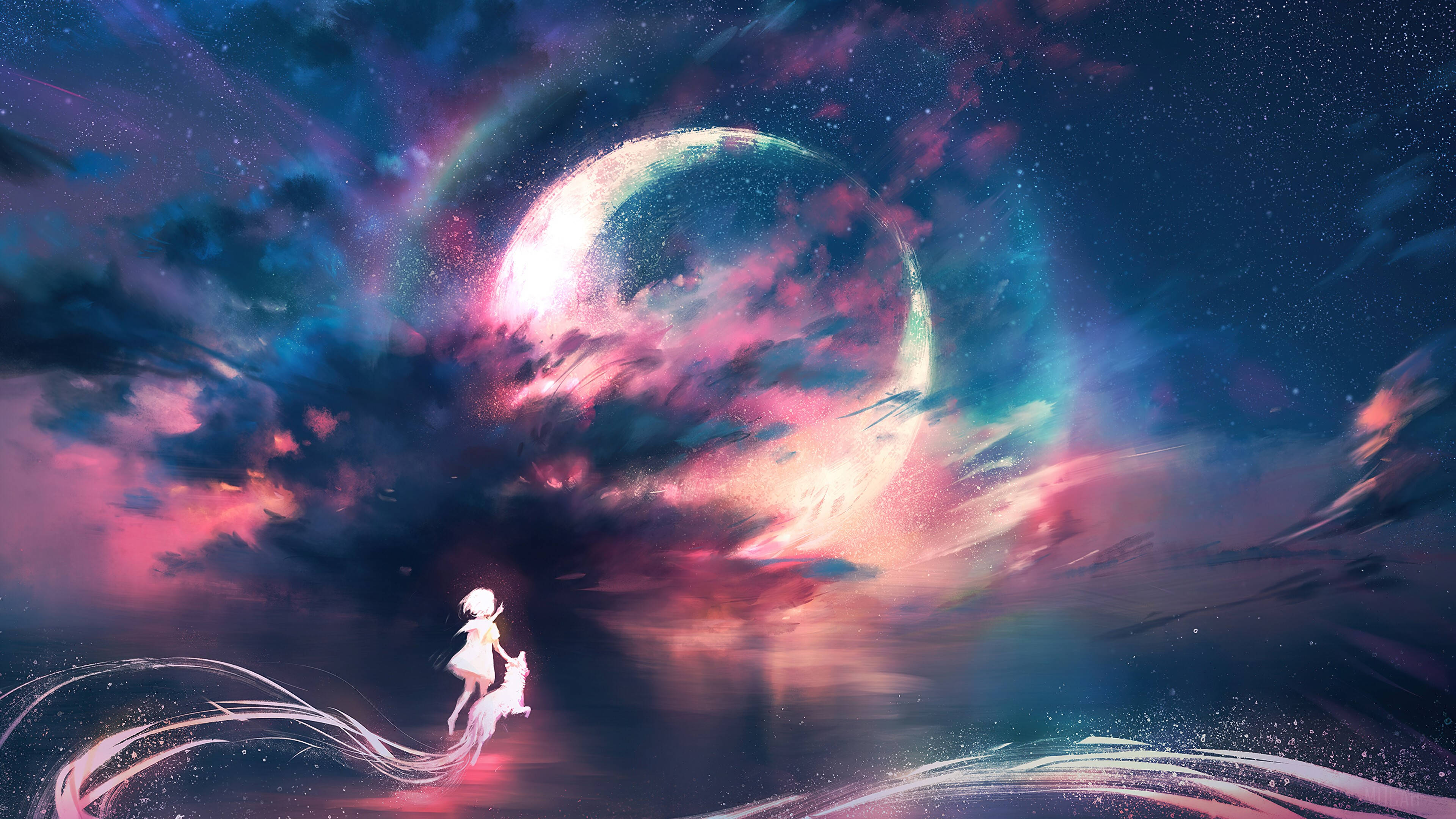 Galakse Måne Og Anime Pige Wallpapers