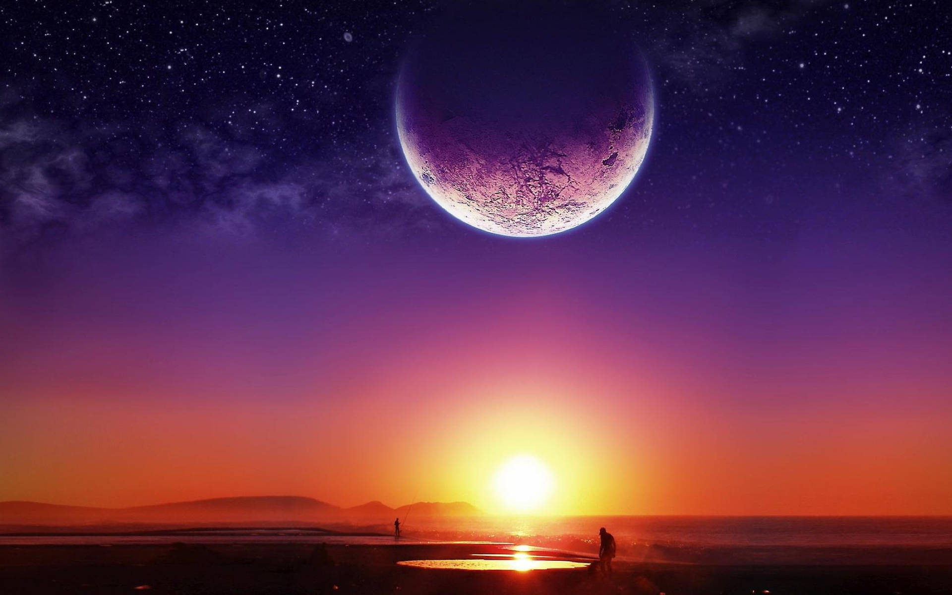 Galakse Måne Og Solnedgang Wallpapers