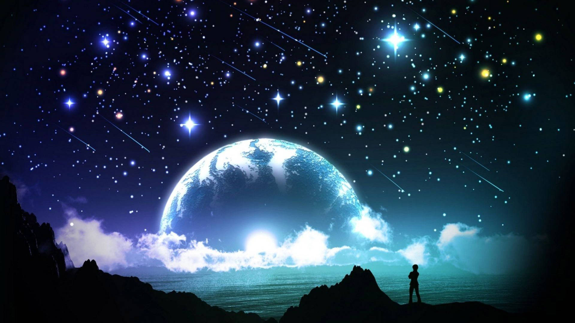Galaxy Måne Og Funklende Stjerner Wallpapers