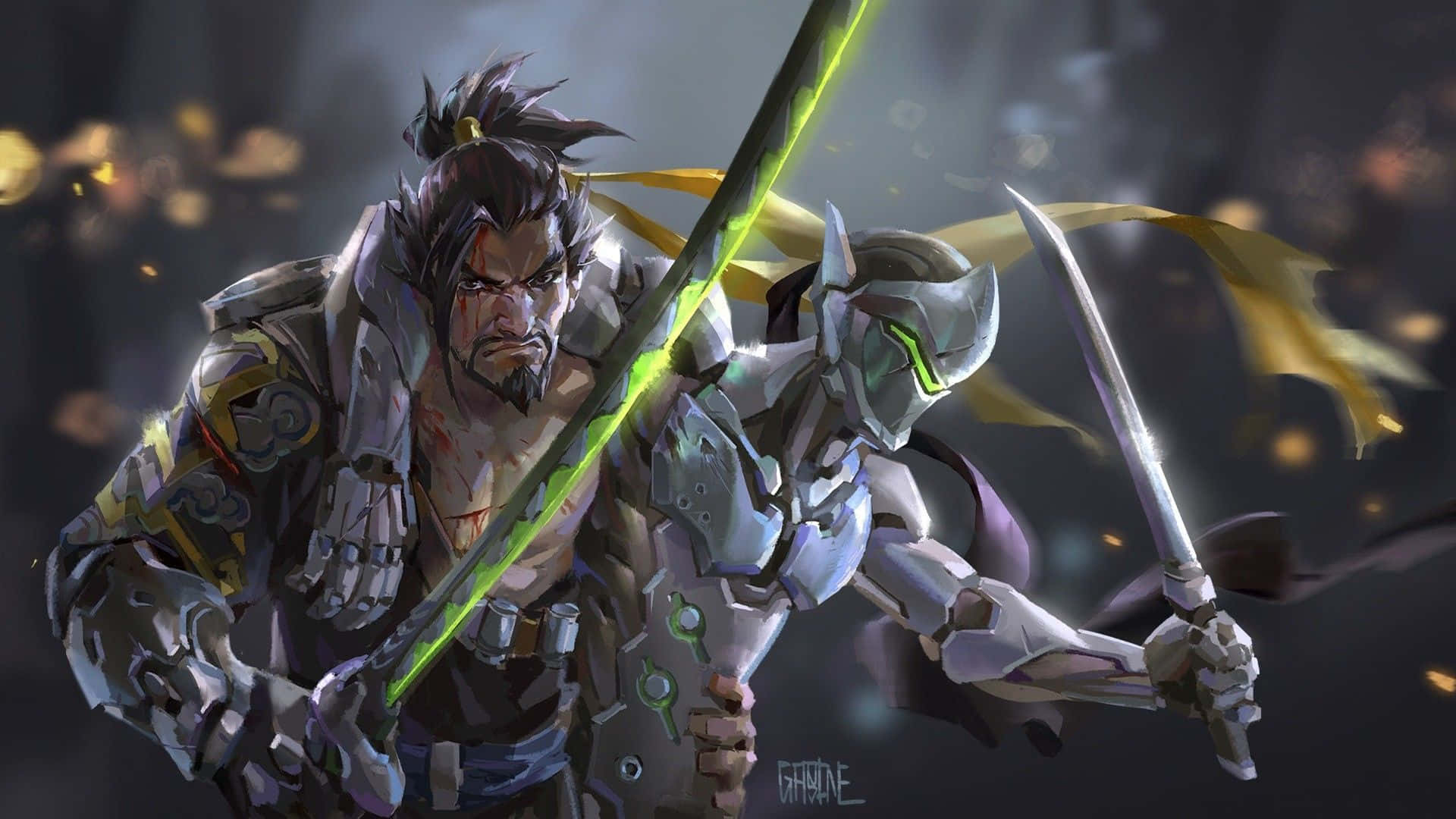 Genji og Hanzo figurer 1920x1080 Overwatch baggrund Wallpapers