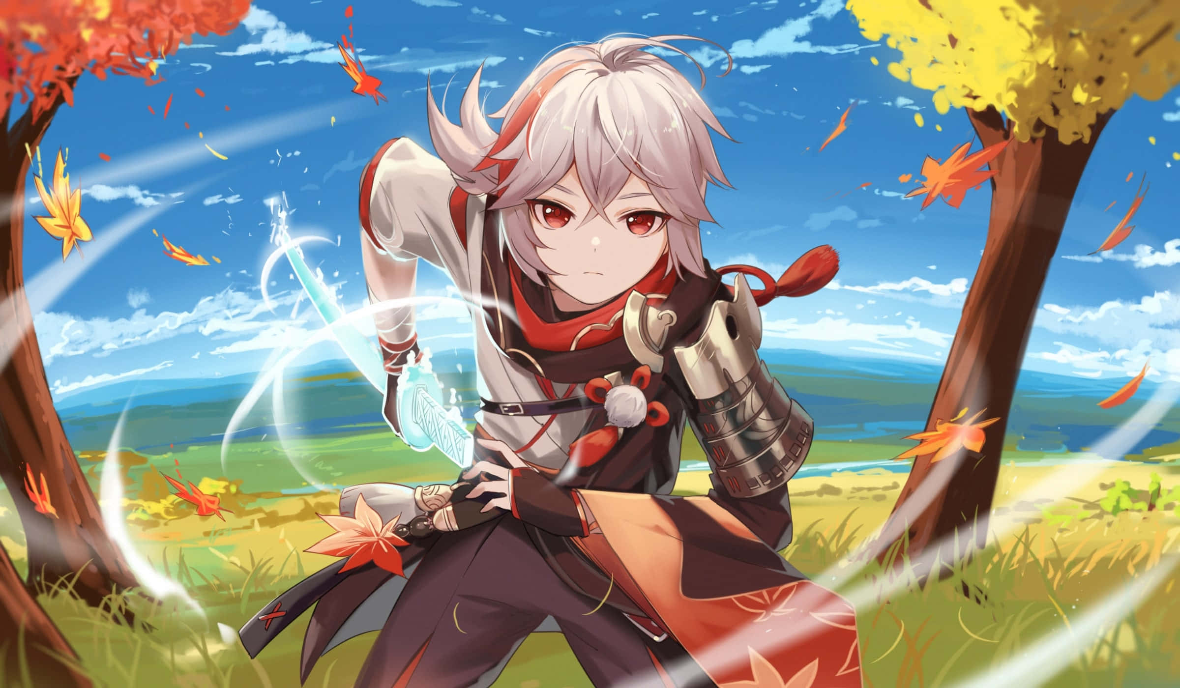 Genshin Impact Kazuha med rustning og sværd Wallpapers