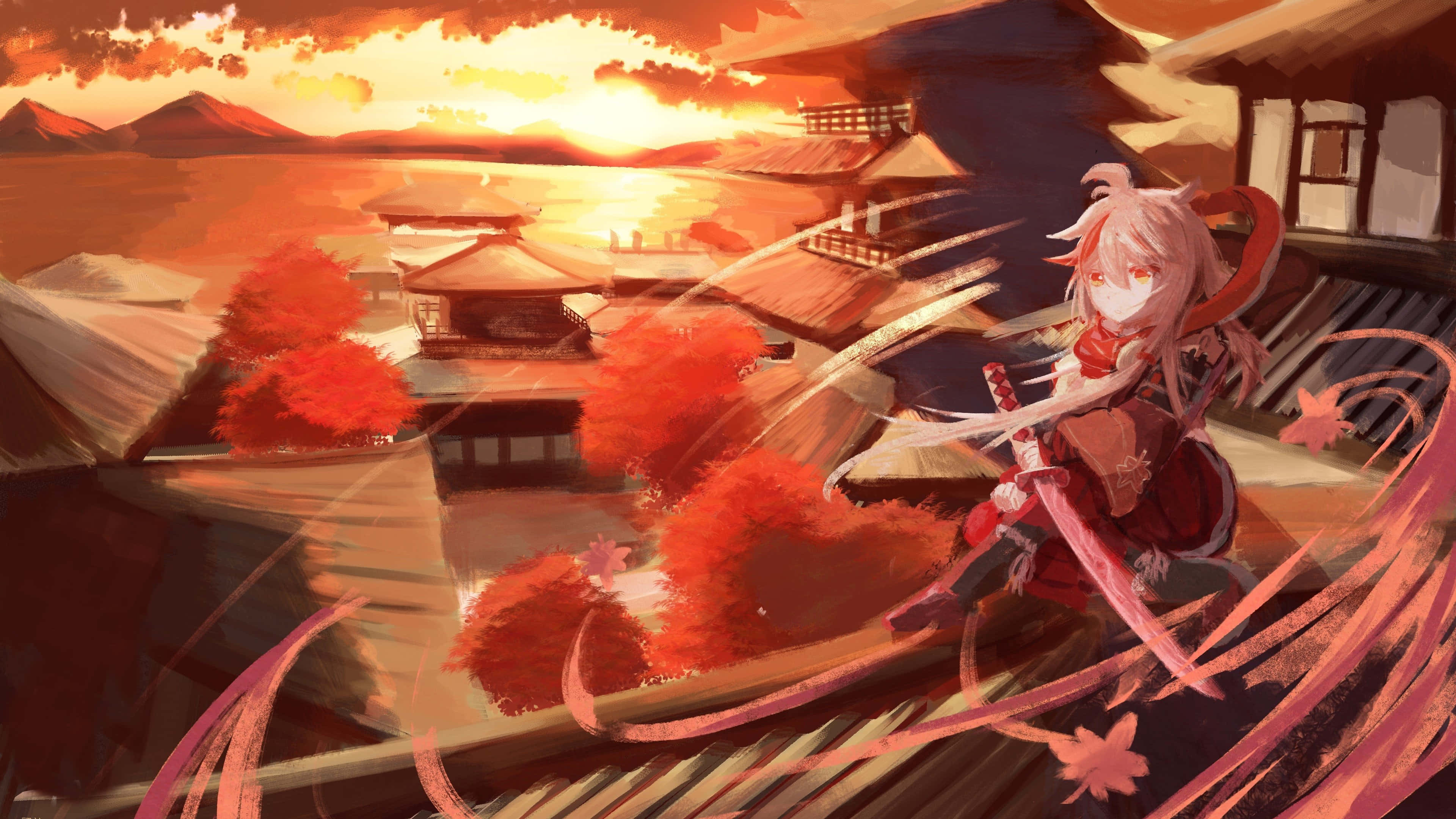 Genshin Impact Kazuha sidder på et tag Wallpapers