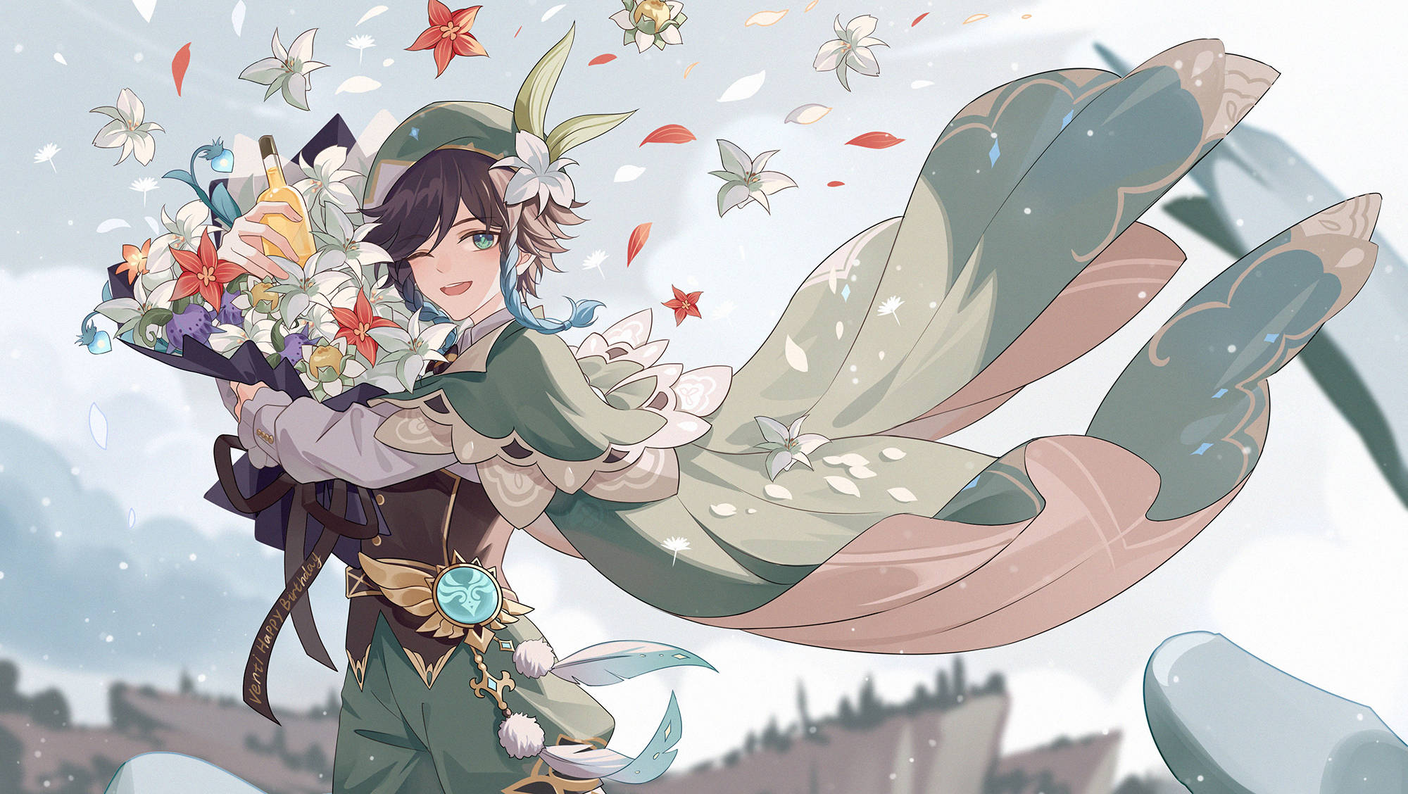 Genshin Venti med blomster Wallpapers