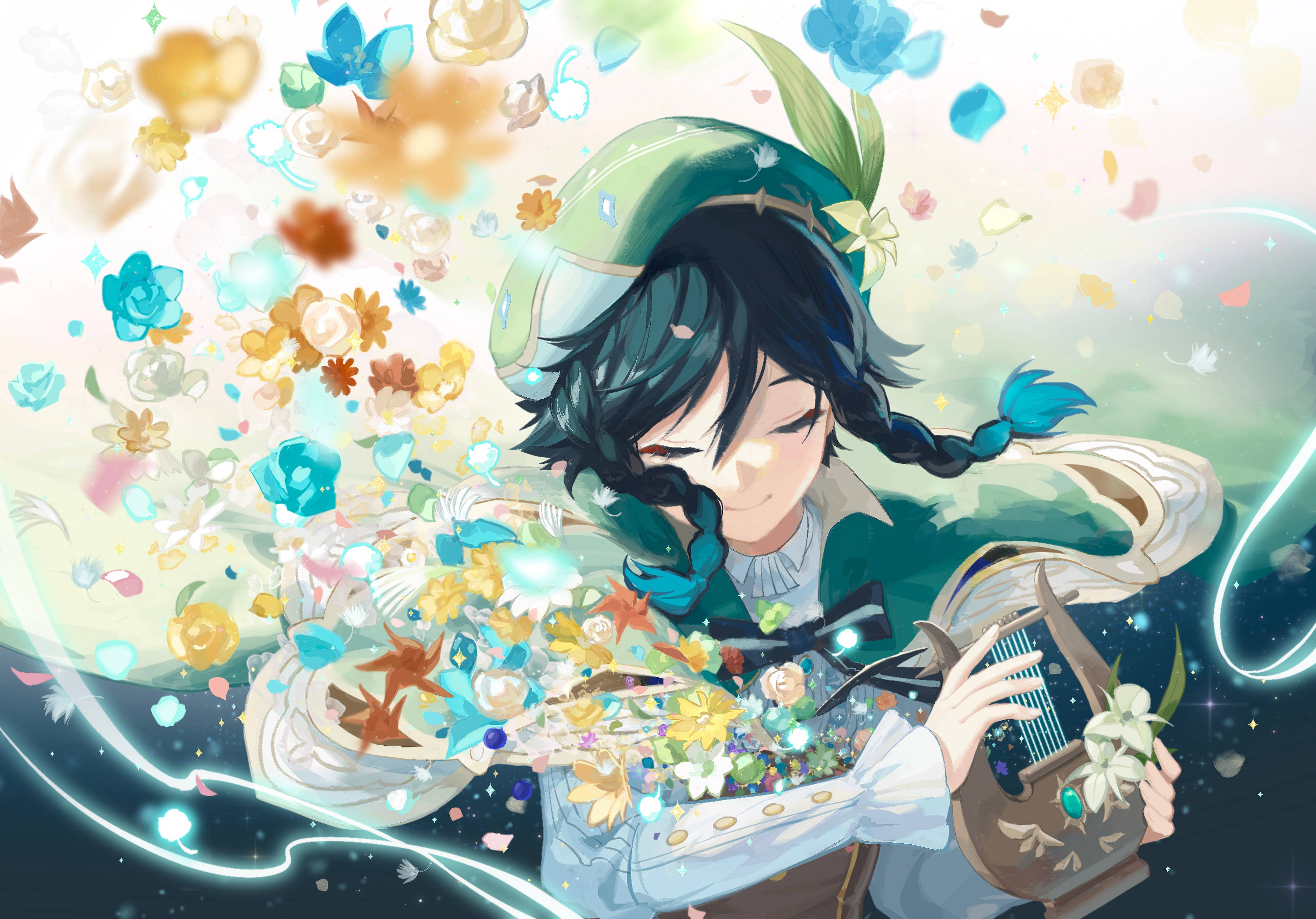 Genshin Venti med farverige blomster Wallpapers