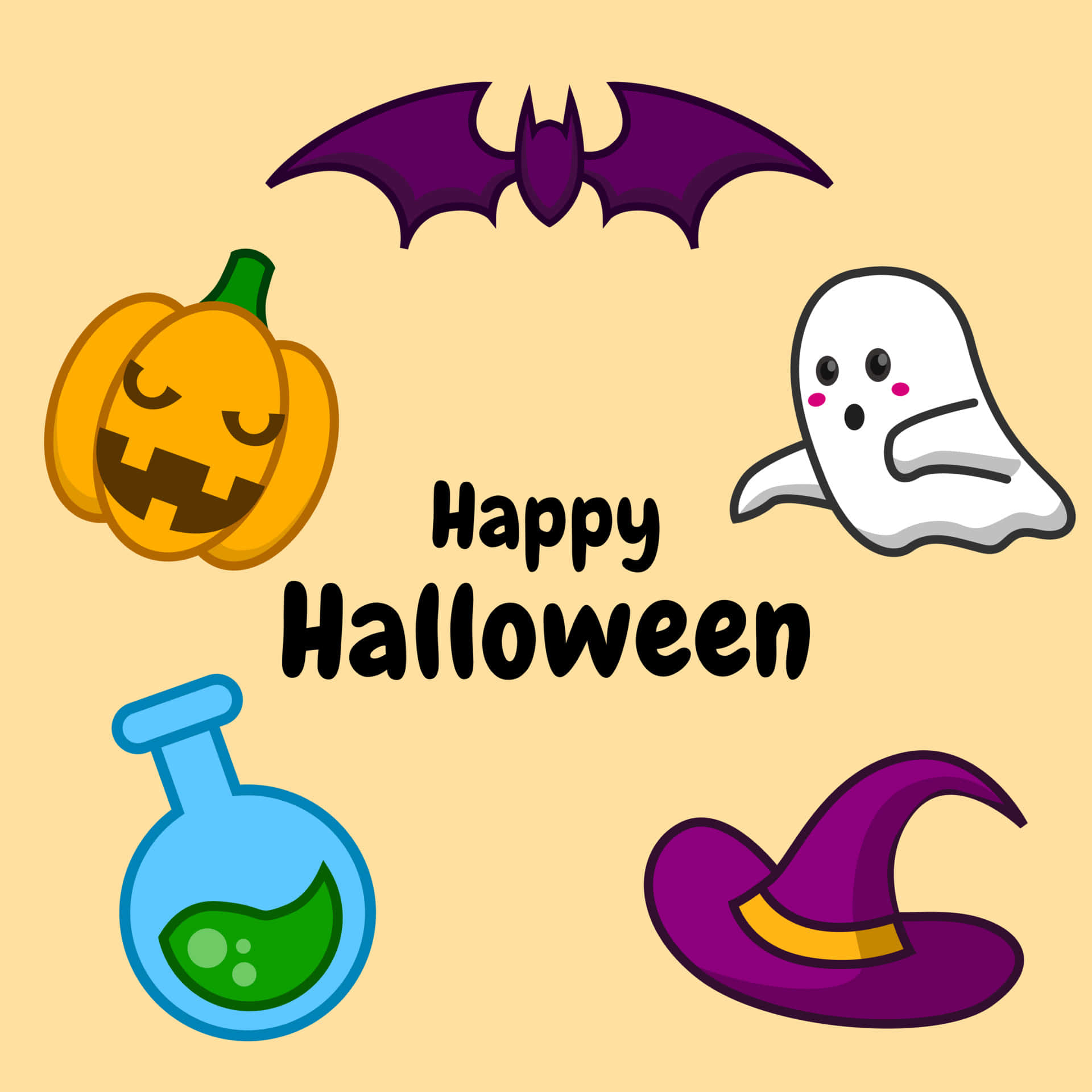 glædelig halloween med flagermus, heks, flagermus og en trylledrik Wallpapers