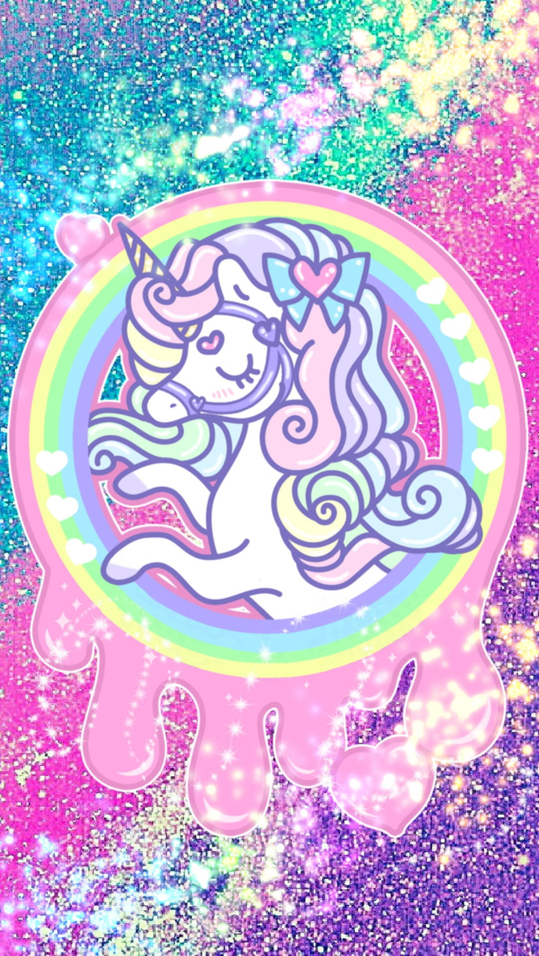 Glitter og enhjørning i en cirkulær regnbue Wallpapers