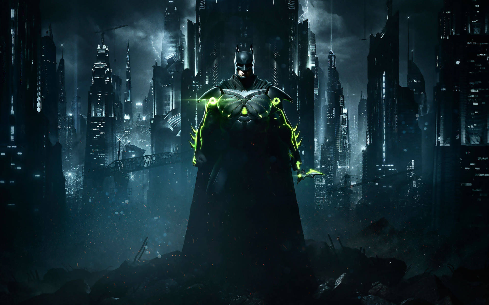 Batman med grønt lys på dragten 4k wallpaper. — Batman Wallpapers