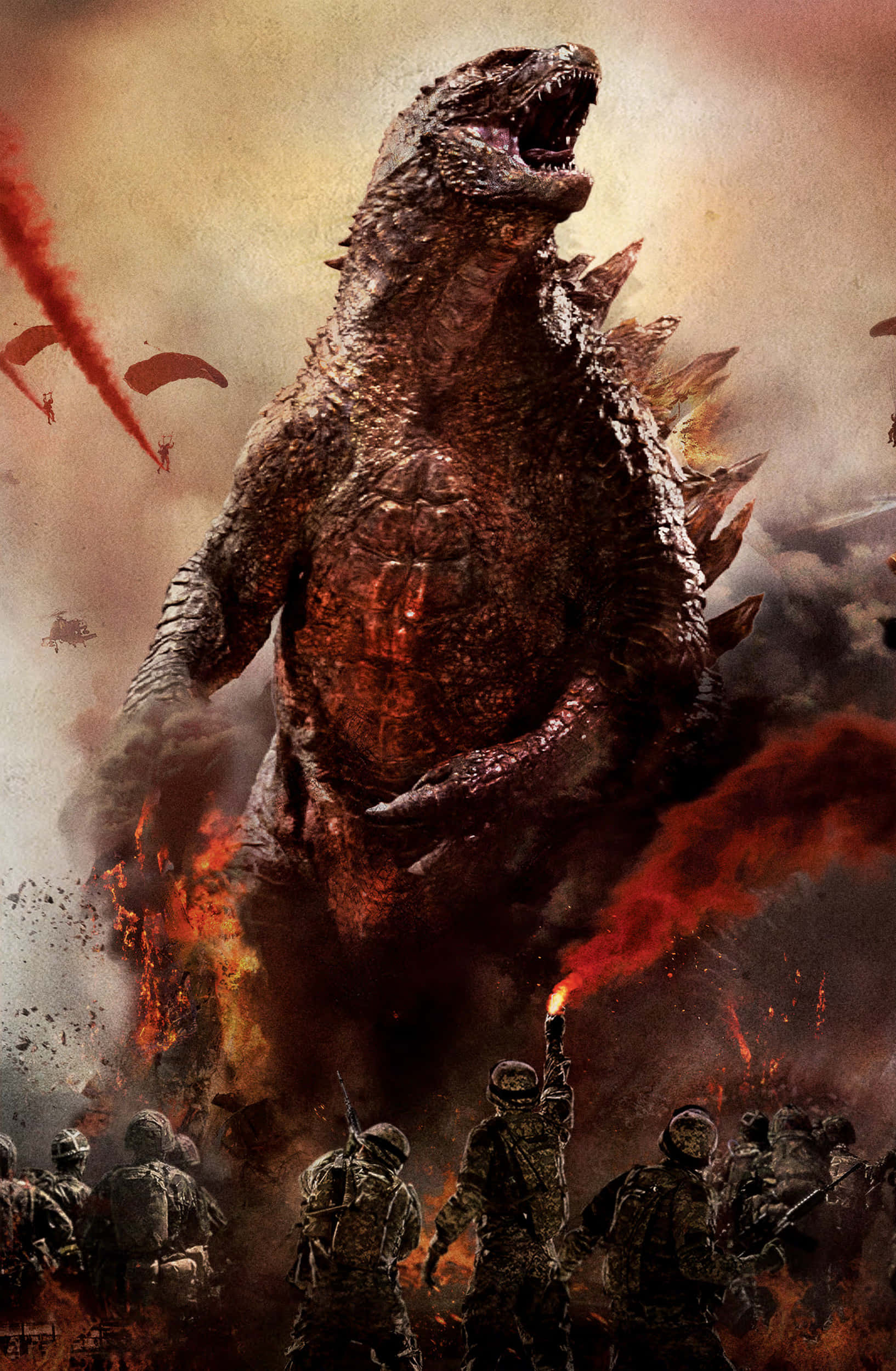 Godzilla kæmper mod soldater billede Wallpapers