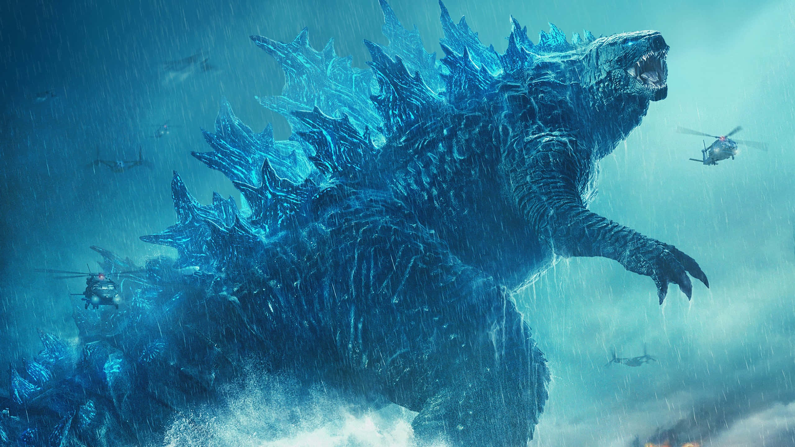 Godzilla med blå neonlys og helikoptere Wallpapers