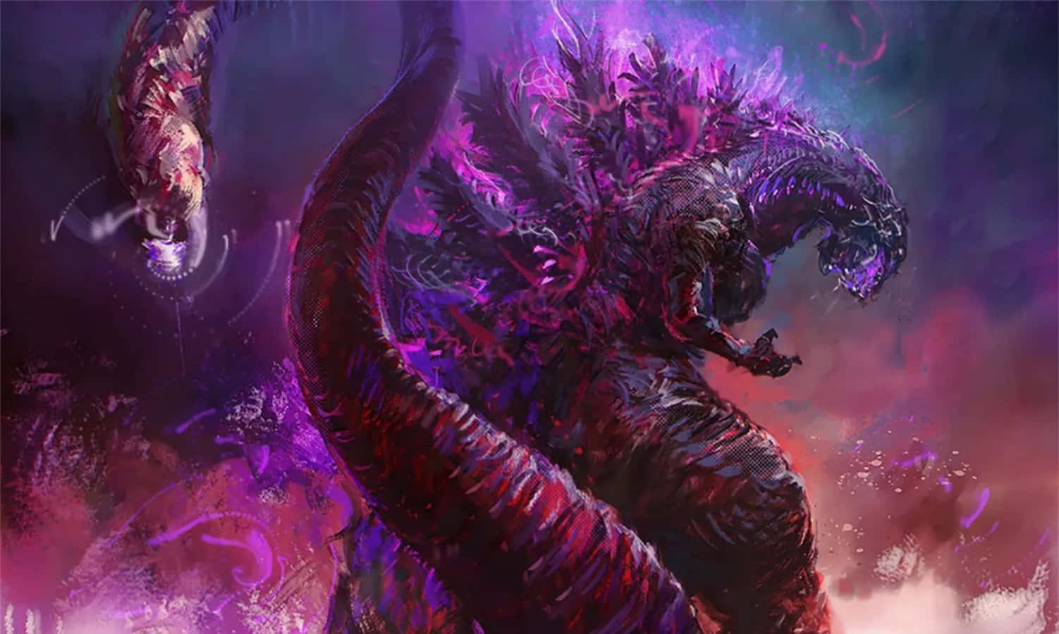 Godzilla med lilla æstetiske lyseffekter Wallpapers
