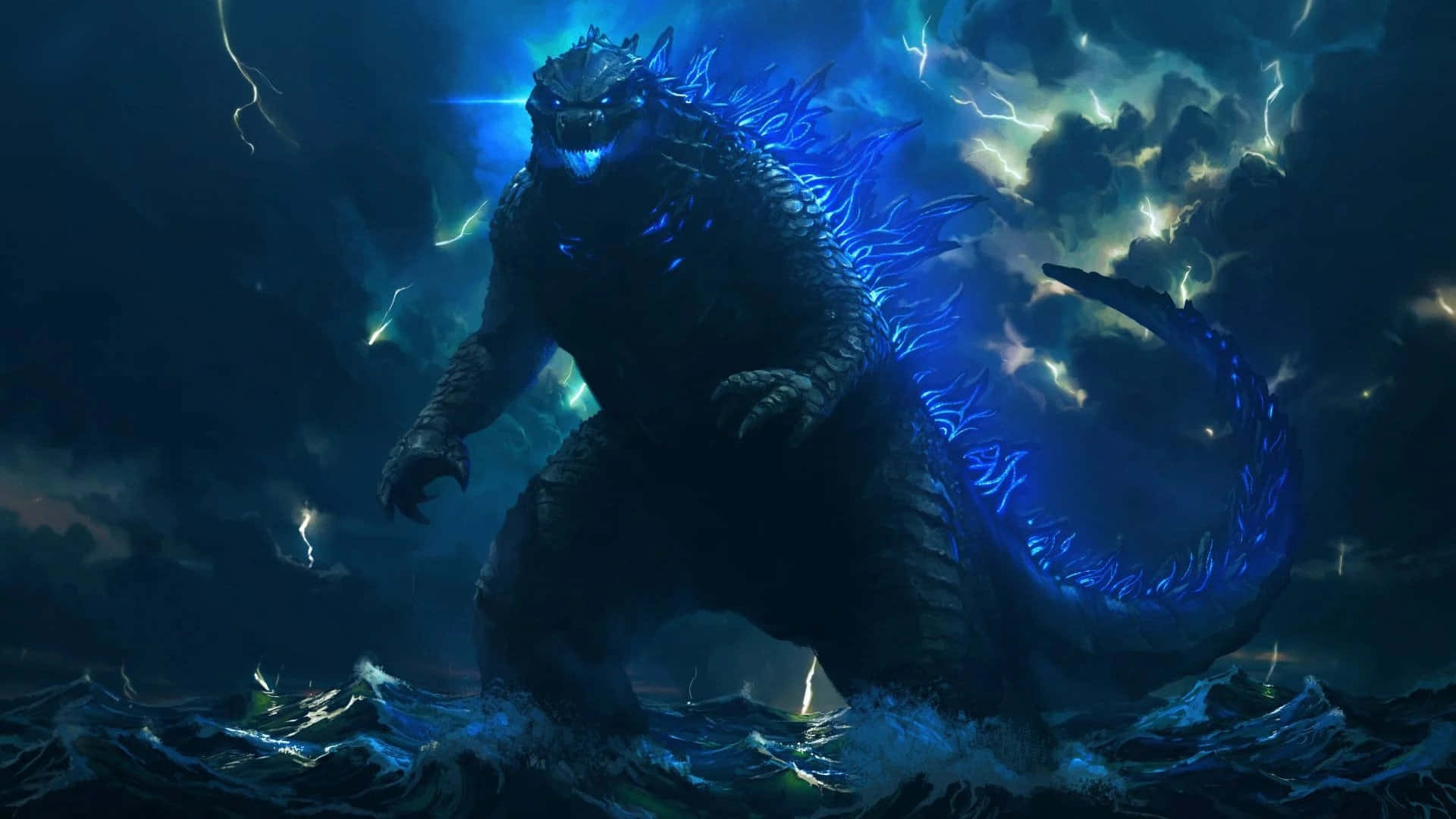 Godzilla med neonblåt lys over havet Wallpapers