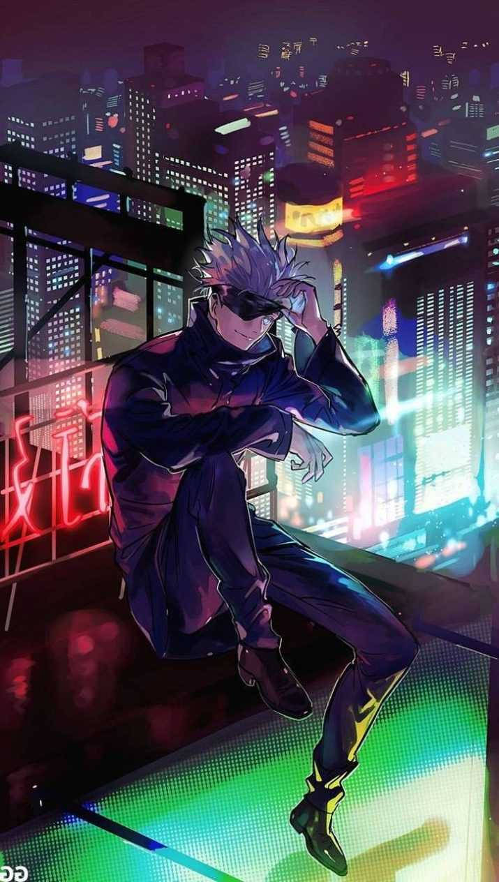 Gojo Sataru Siddende Ved Gelænderet På Taget Wallpapers