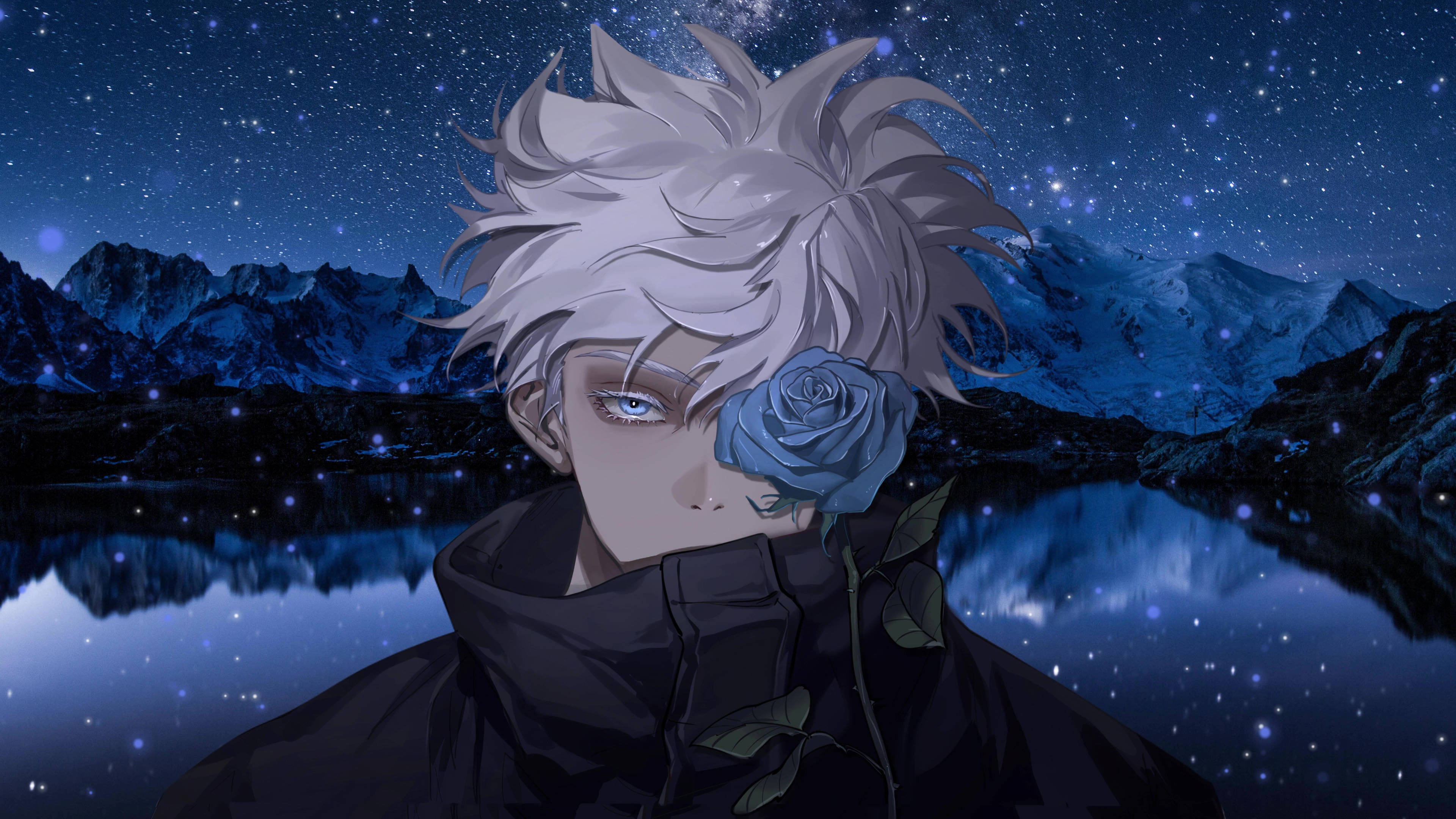 Gojo Satoru med en sort rose Wallpapers