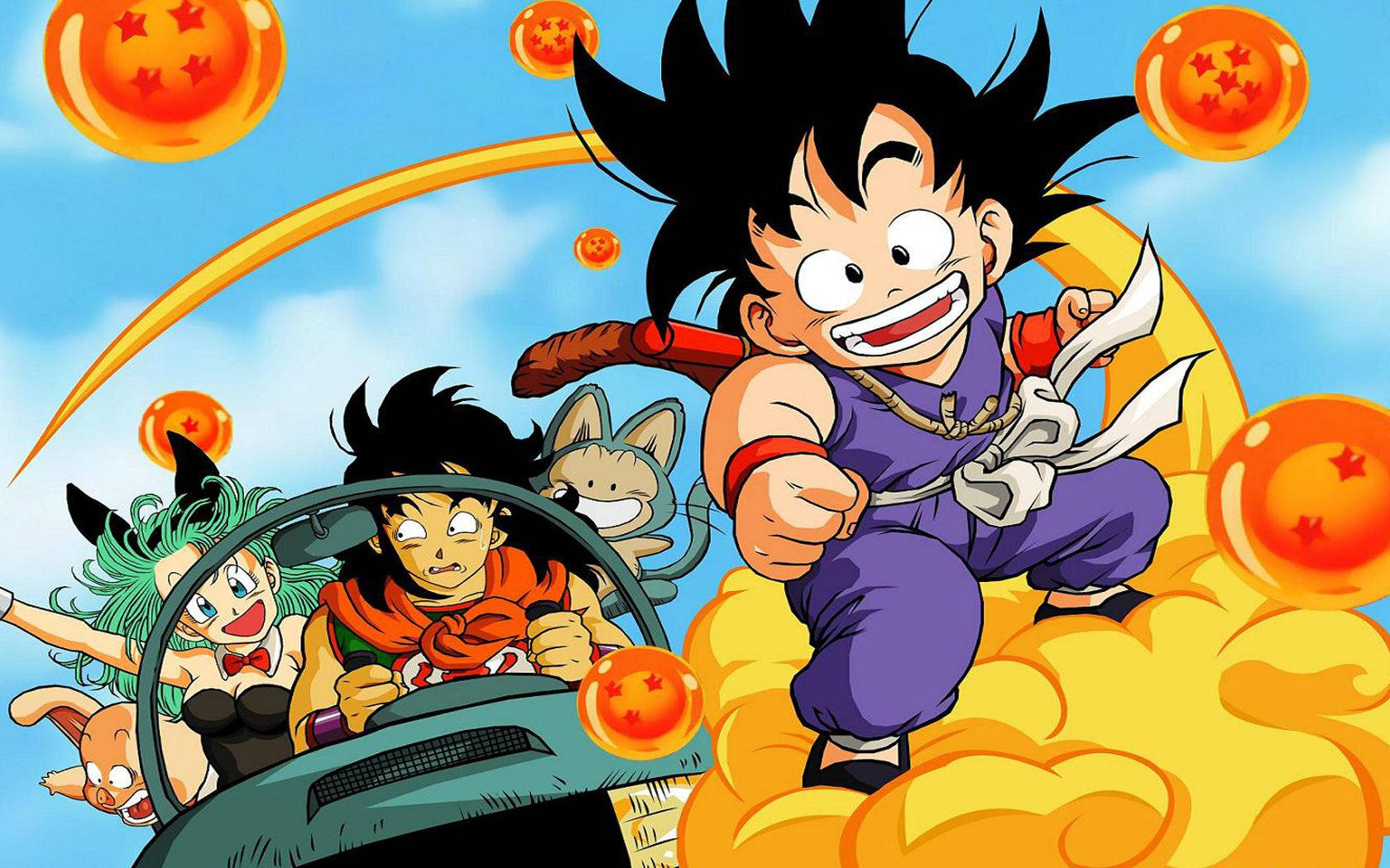 Dragon Ball Z Gohan med Maron og hendes mand kørende en bil, mens lille Gohan flyver på en sky. — Goku Wallpapers